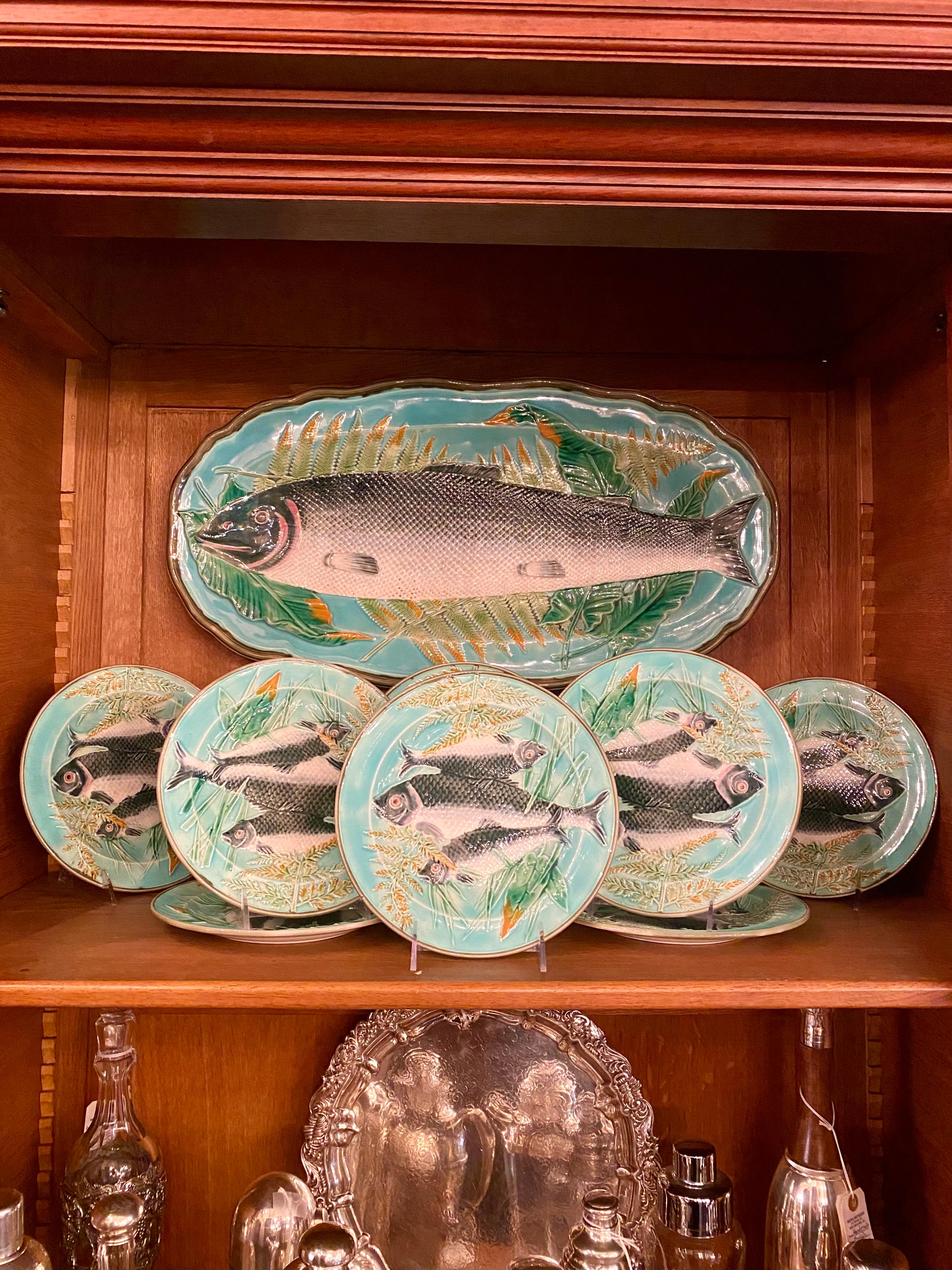 Antique 19th Century English Wedgwood Majolica Fish Set, 1 Platter and 10 Plates 13