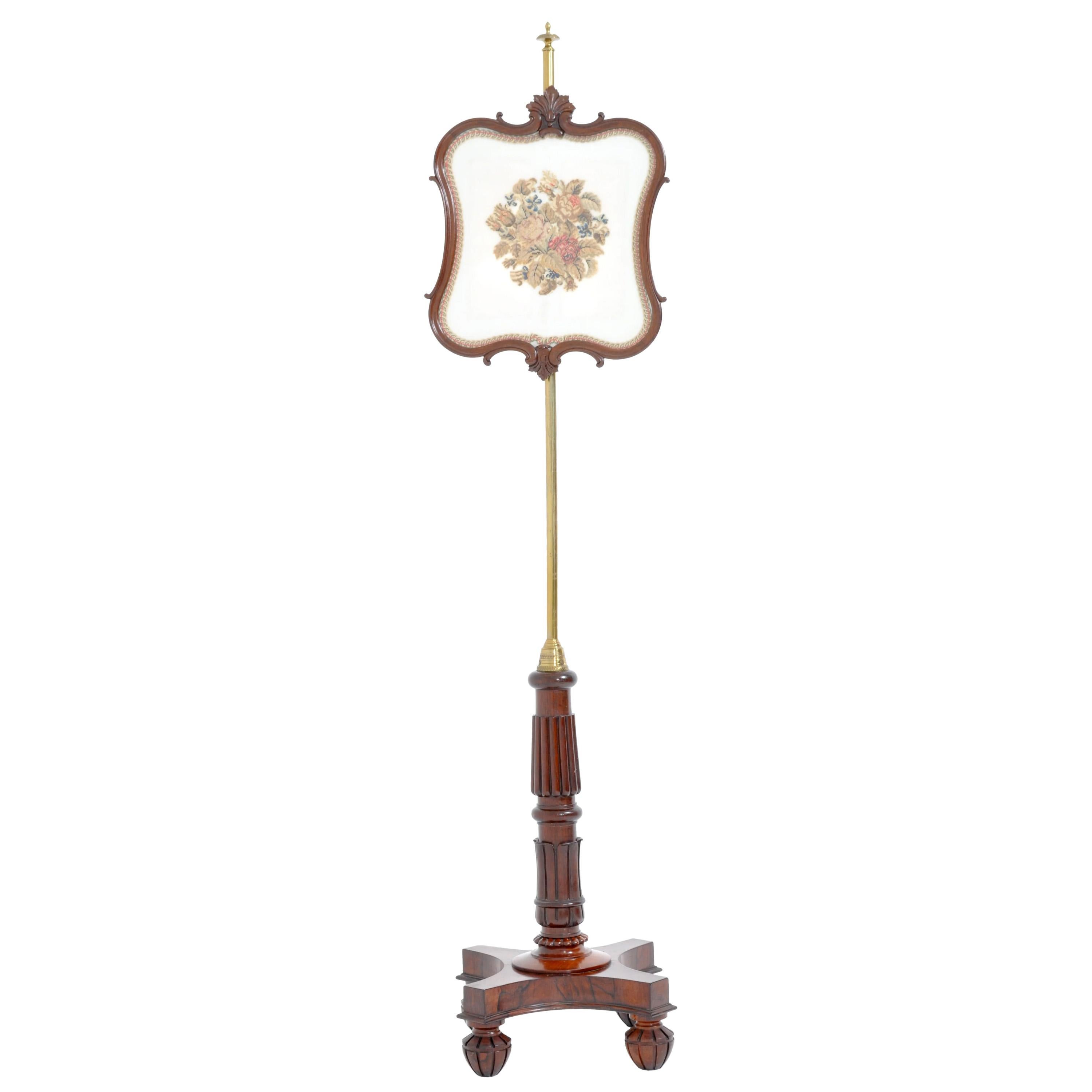 Embroidered Antique 19th Century English William IV Brass Rosewood Needlepoint Screens 1830 For Sale