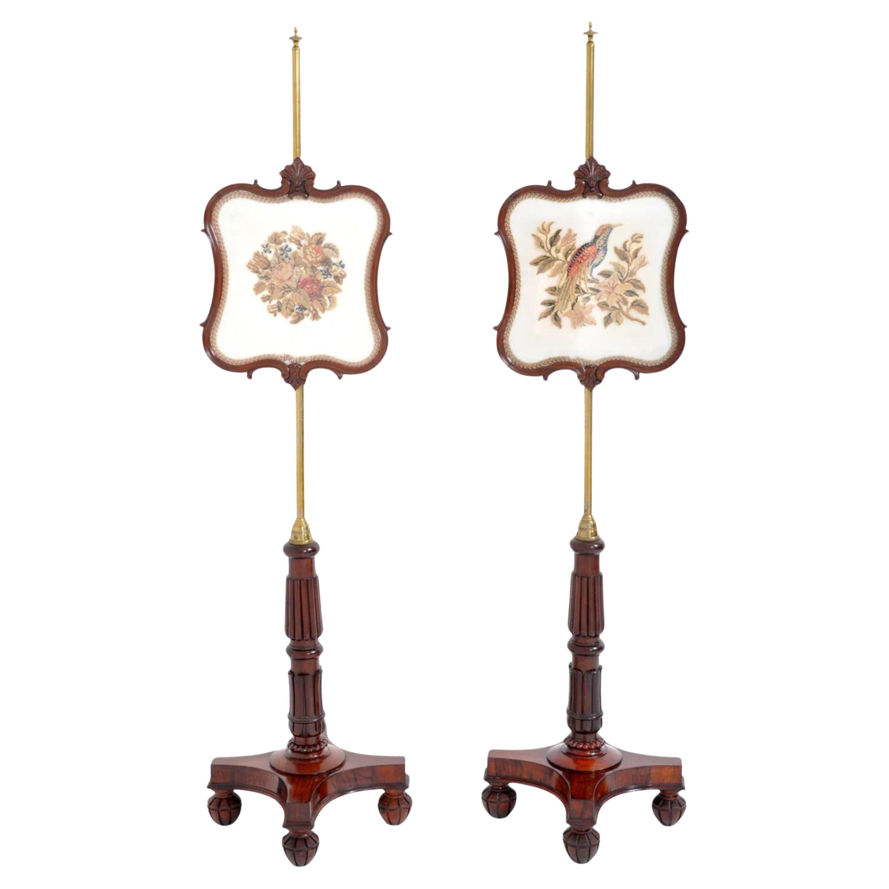 Antique 19th Century English William IV Brass Rosewood Needlepoint Screens 1830