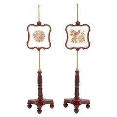 Antique 19th Century English William IV Brass Rosewood Needlepoint Screens 1830