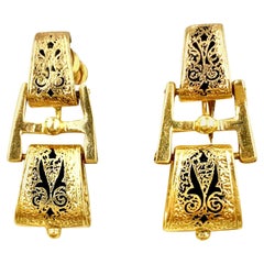 Antique 19th Century Etruscan Revival 14K Yellow Gold and Enamel Dangle Earrings
