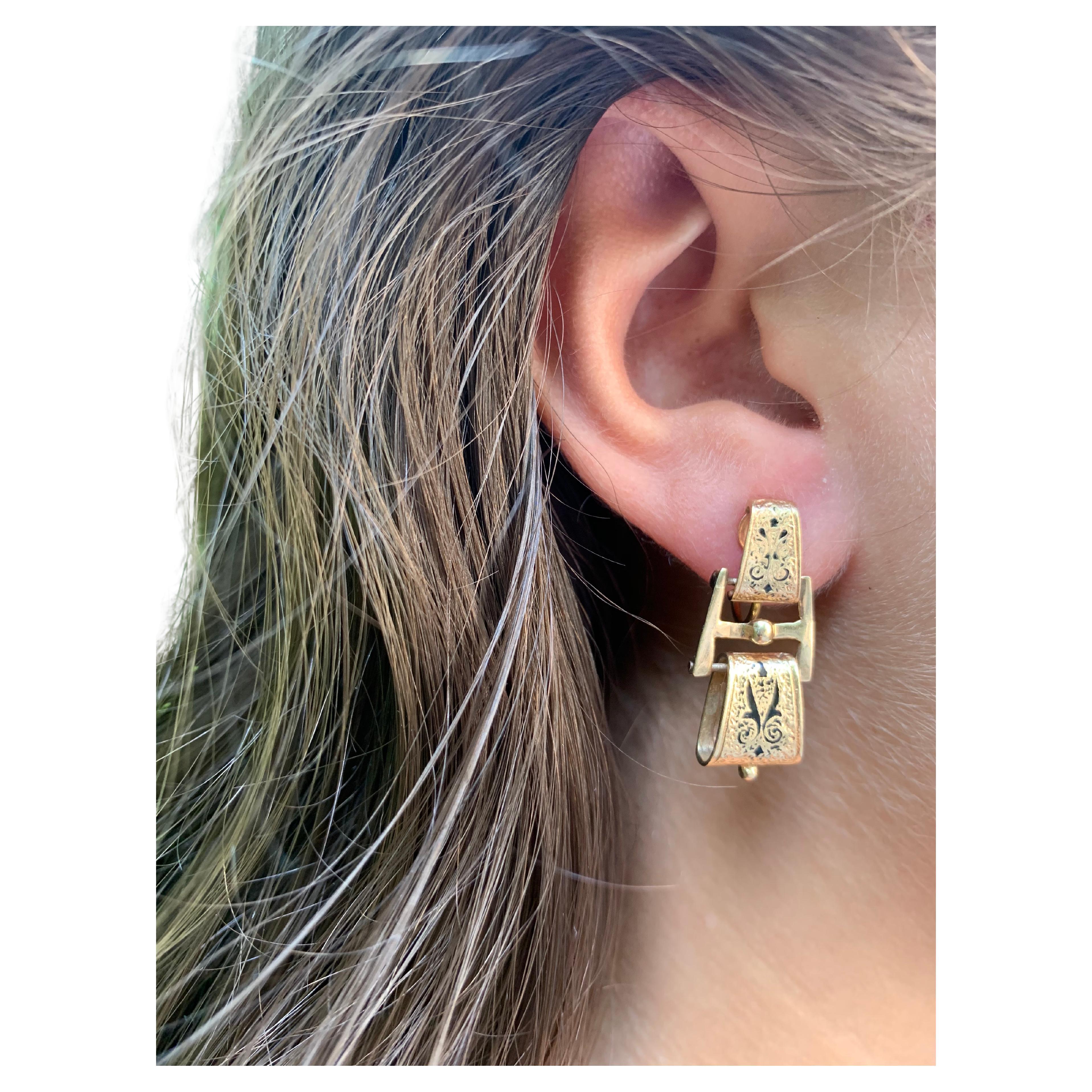 Antique 19th Century Etruscan Revival 14K Yellow Gold and Enamel Dangle Earrings