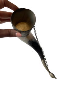 Antique 19th Century European Natural Horn Drinking Vessel with Figural Metal Mo