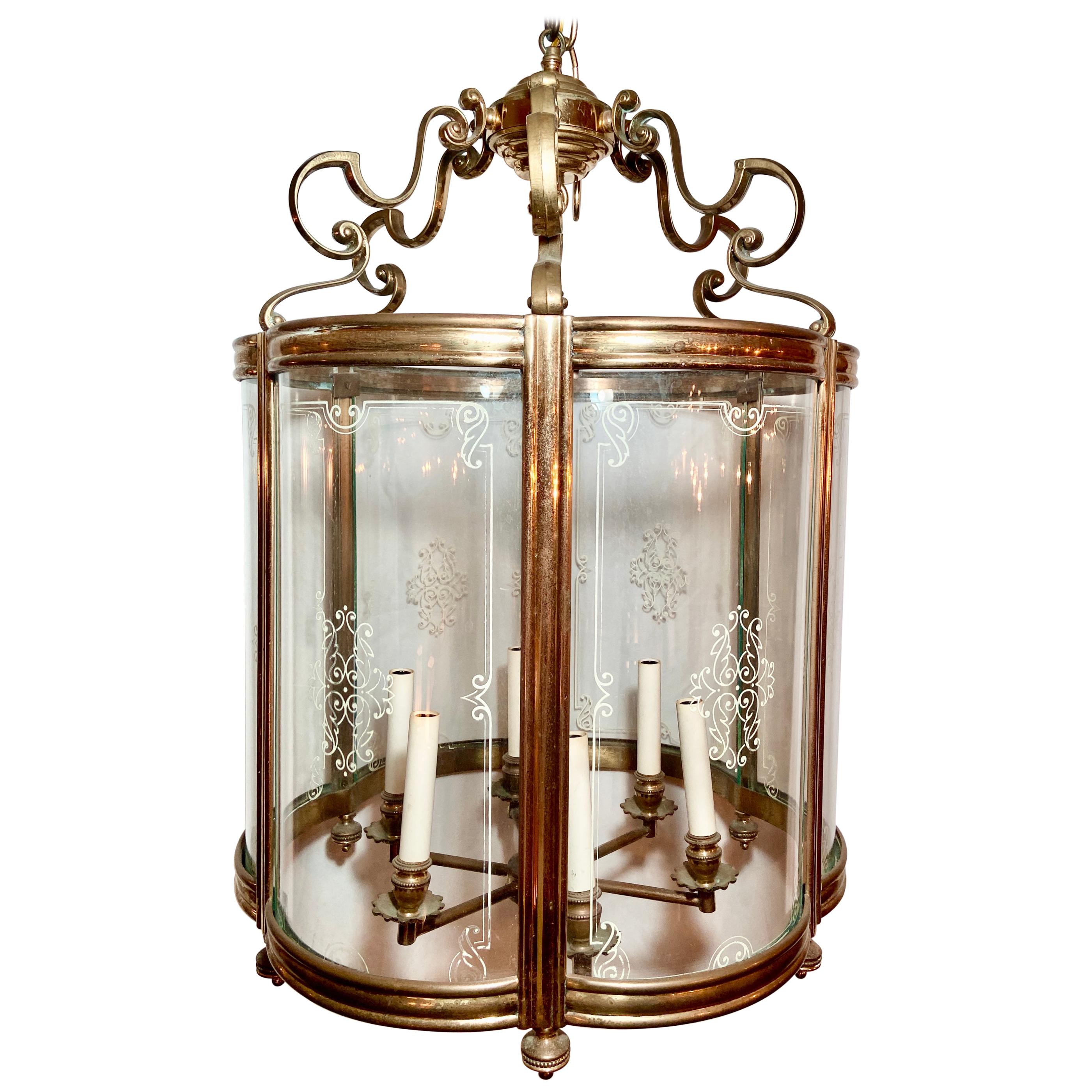 Antique 19th Century European Solid Brass and Curved Glass Lantern For Sale