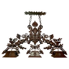 Antique 19th Century European Wrought Iron Billiard Light Chandelier.