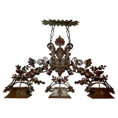 Antique 19th Century European Wrought Iron Billiard Light Chandelier. 