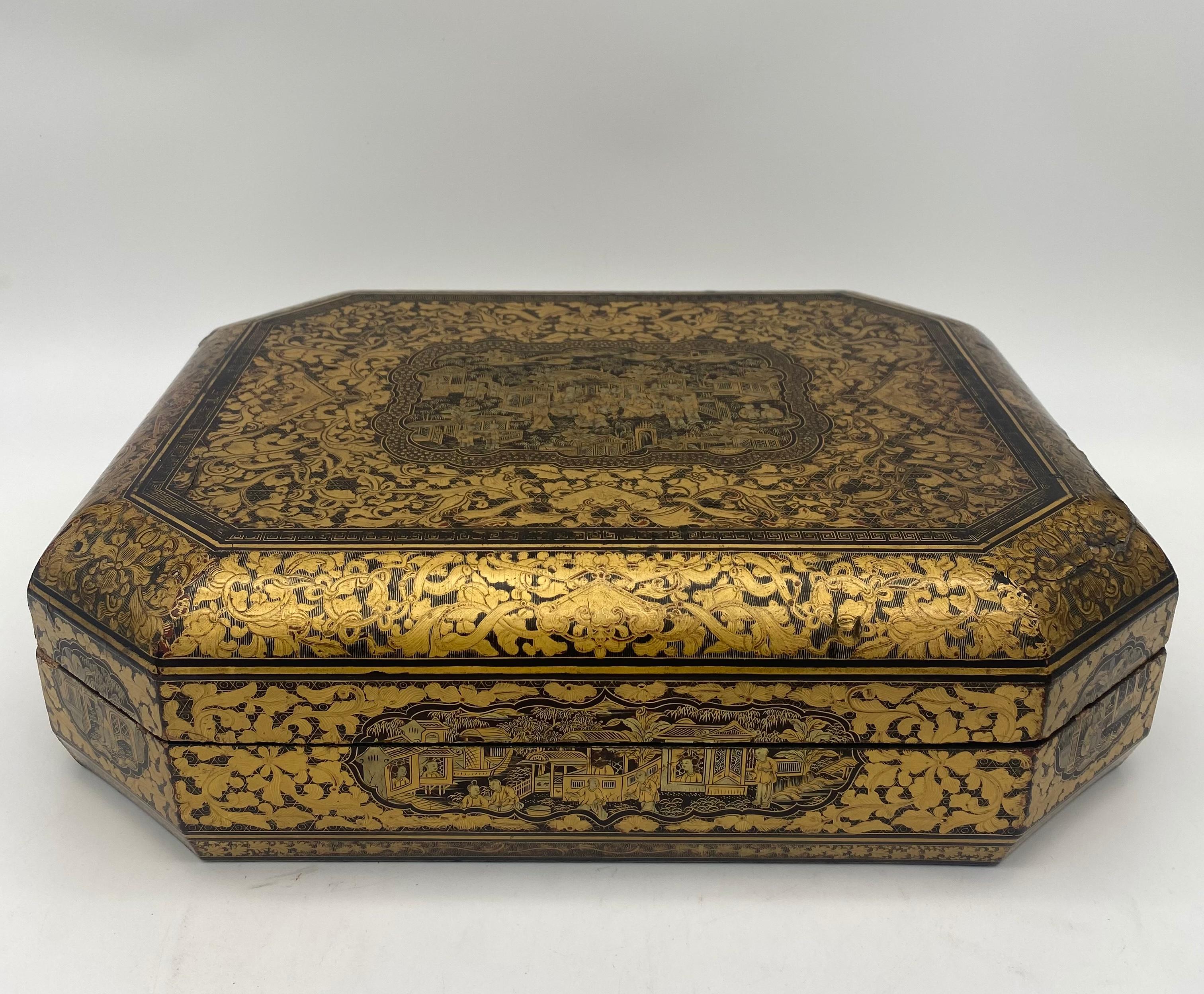 Antike chinesische vergoldete Chinoiserie-Lack-Spielkasten, Export, 19. Jahrhundert im Angebot 7