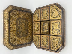 Antique 19th Century Export Chinese Gilt Chinoiserie Lacquer Gaming Box
