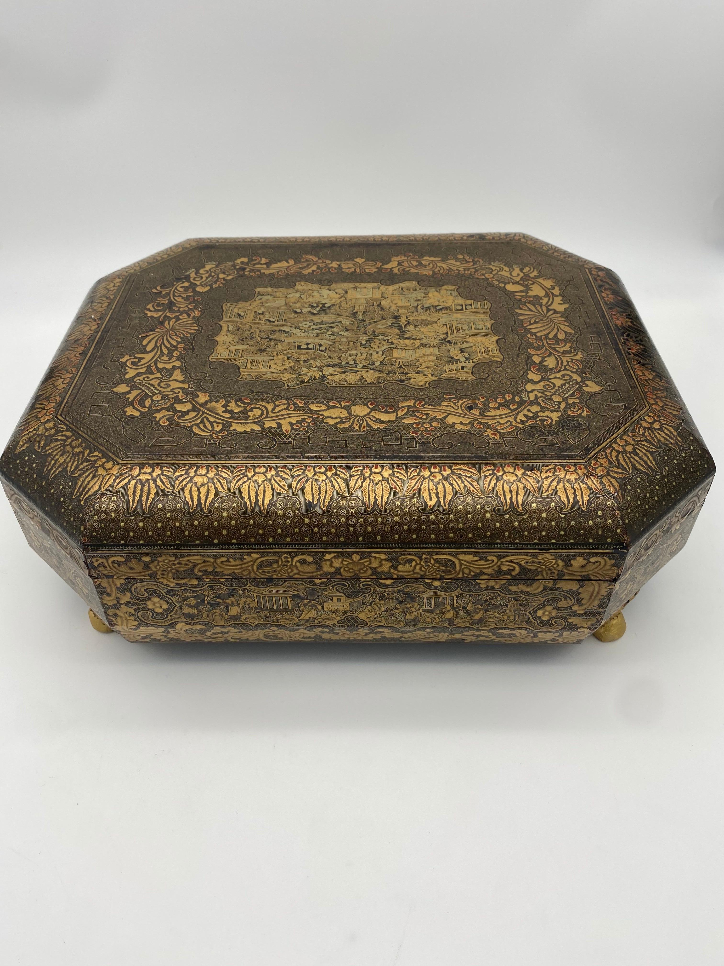 Antique 19th century export Chinese lacquer gaming box with hand painted scenes gilt export black lacquer, there are 7 gaming boxes and 12 trays, 14.5 inch x 11 x 4.5, very good condition.