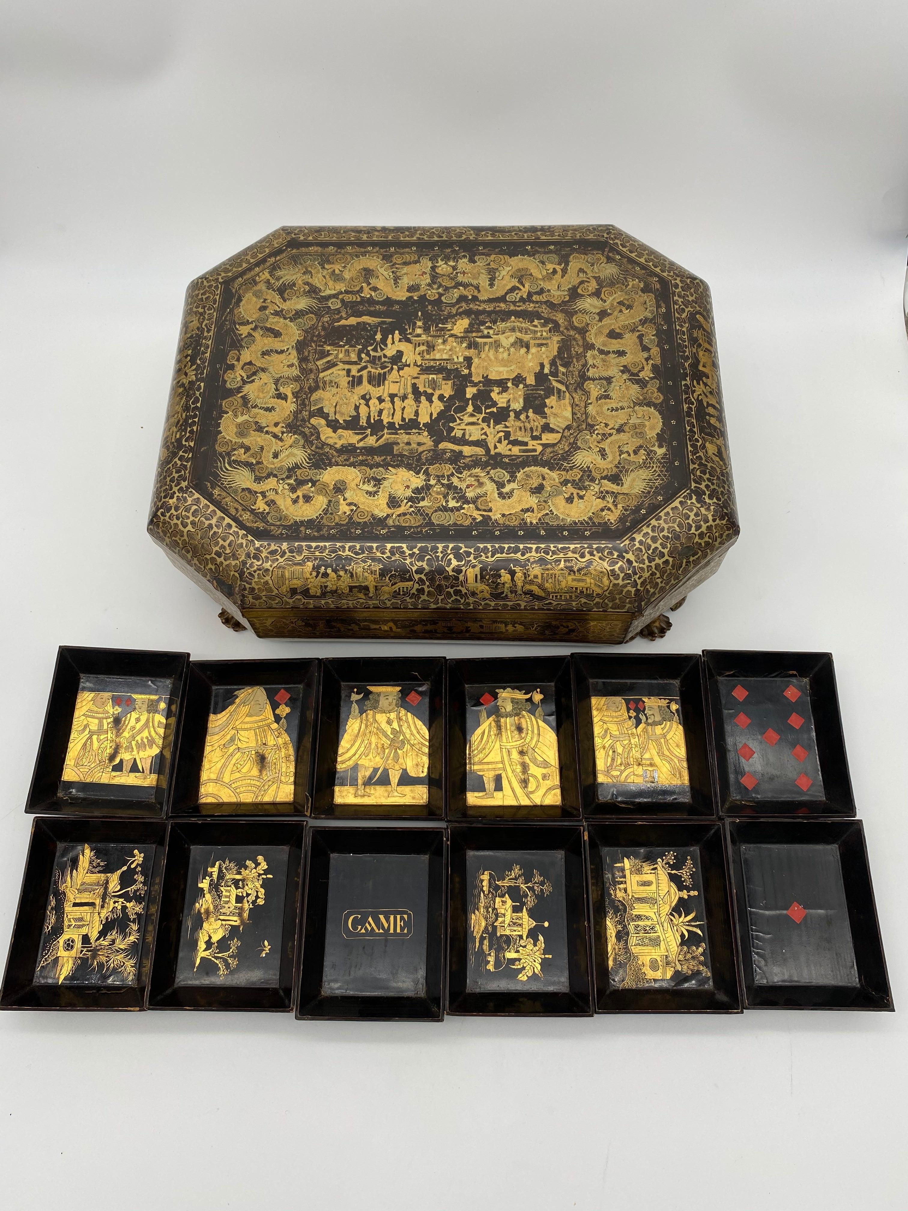 Hand-Painted Antique 19th Century Export Chinese Lacquer Gaming Box For Sale