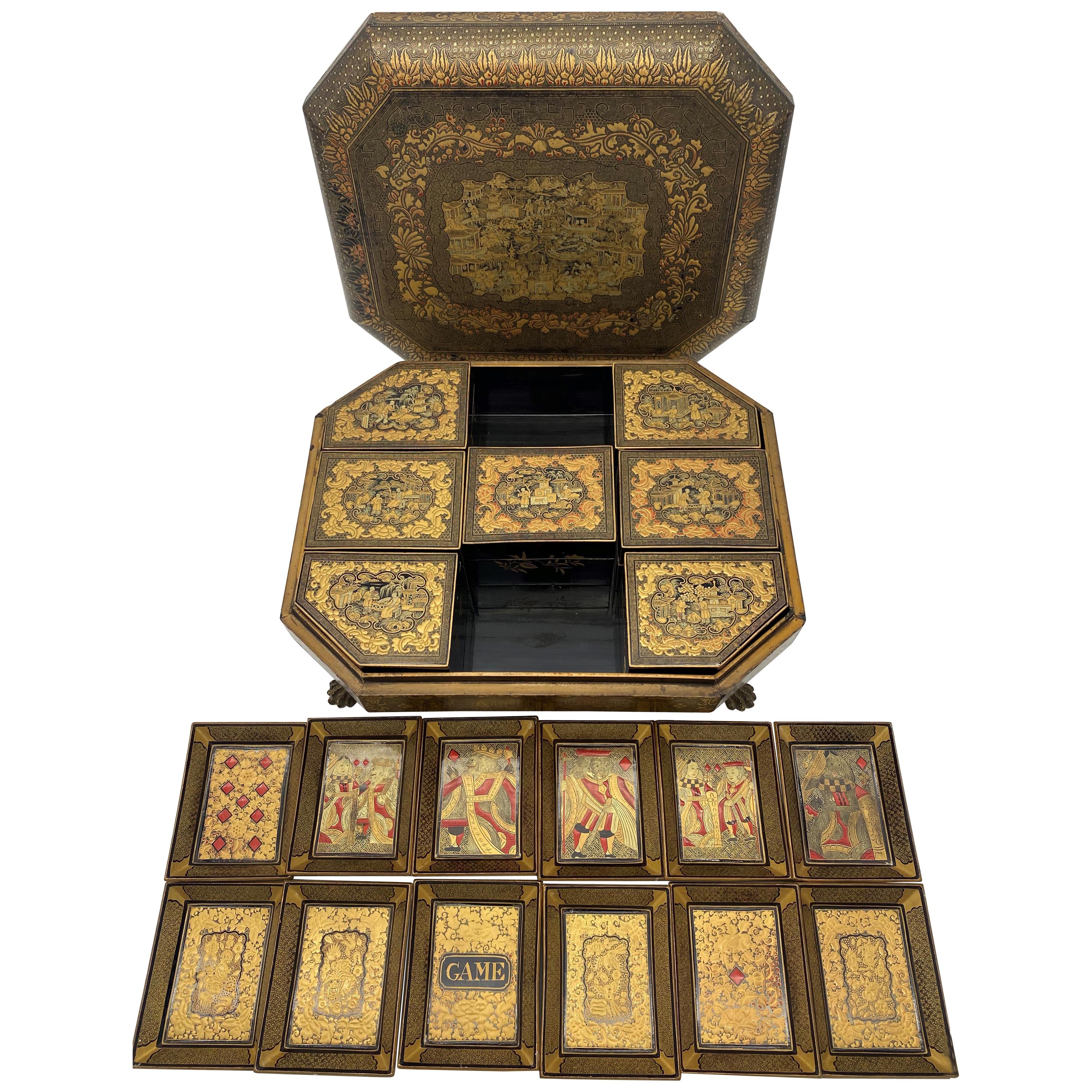 Antigua caja de juego de laca china de exportación del siglo XIX