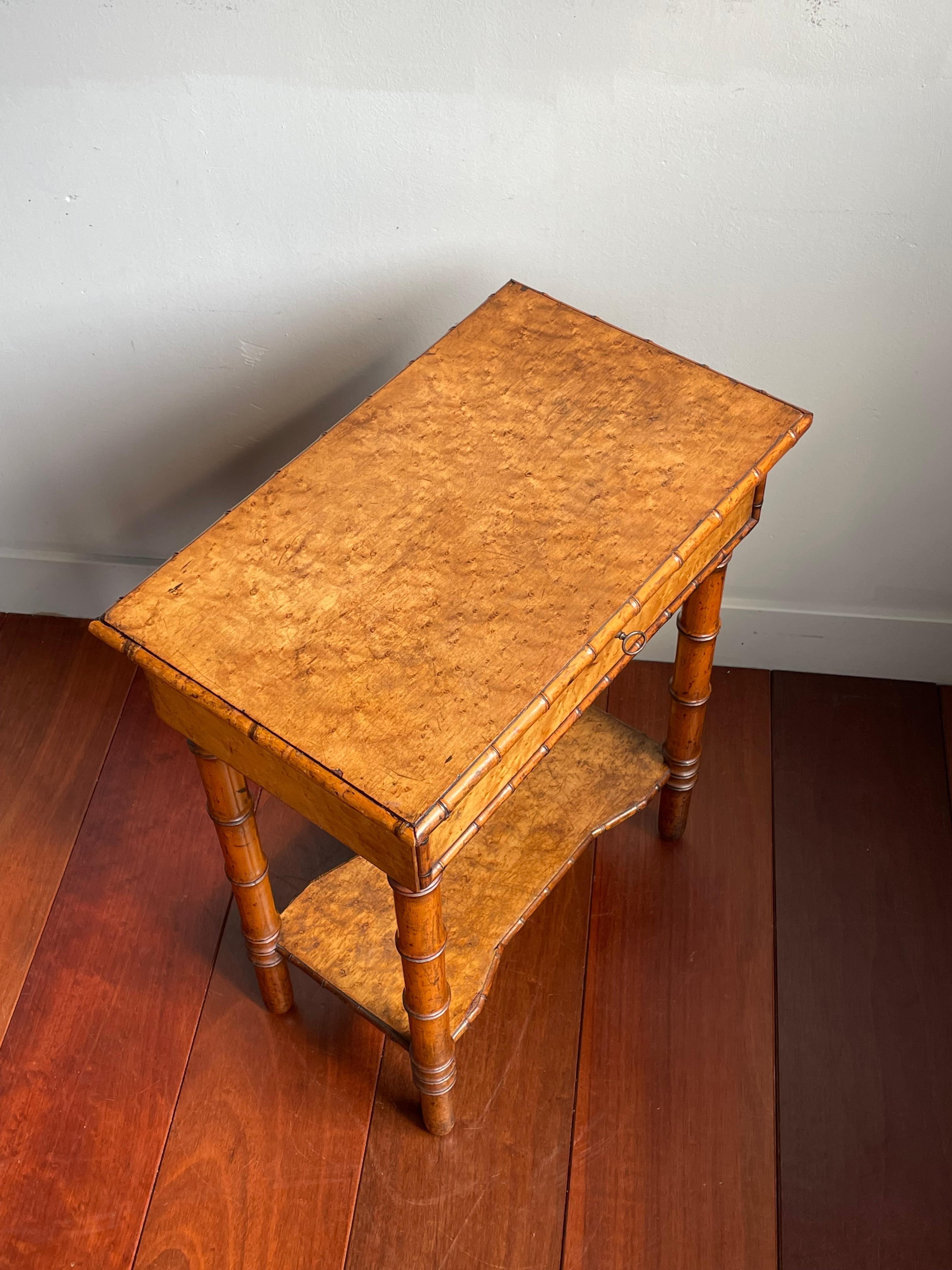 Antique 19th Century Faux Bamboo & Bird's Eye Maple Seamstress or Jewelry Table For Sale 4