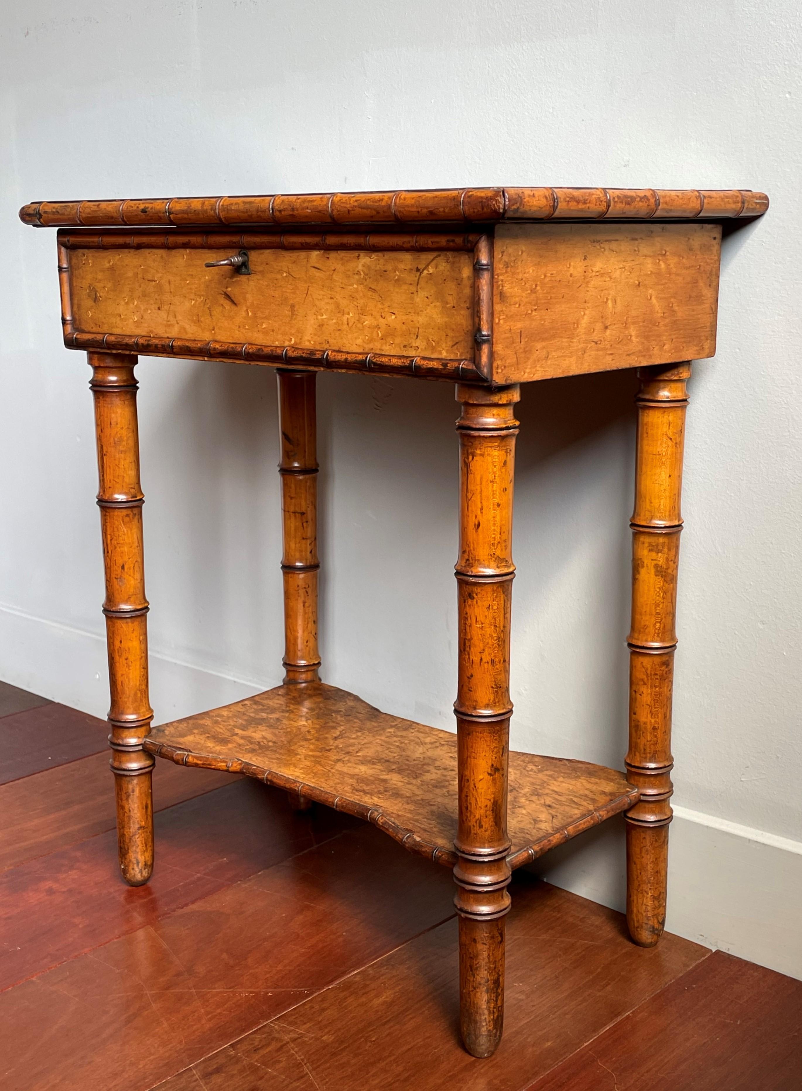 Antique 19th Century Faux Bamboo & Bird's Eye Maple Seamstress or Jewelry Table For Sale 6