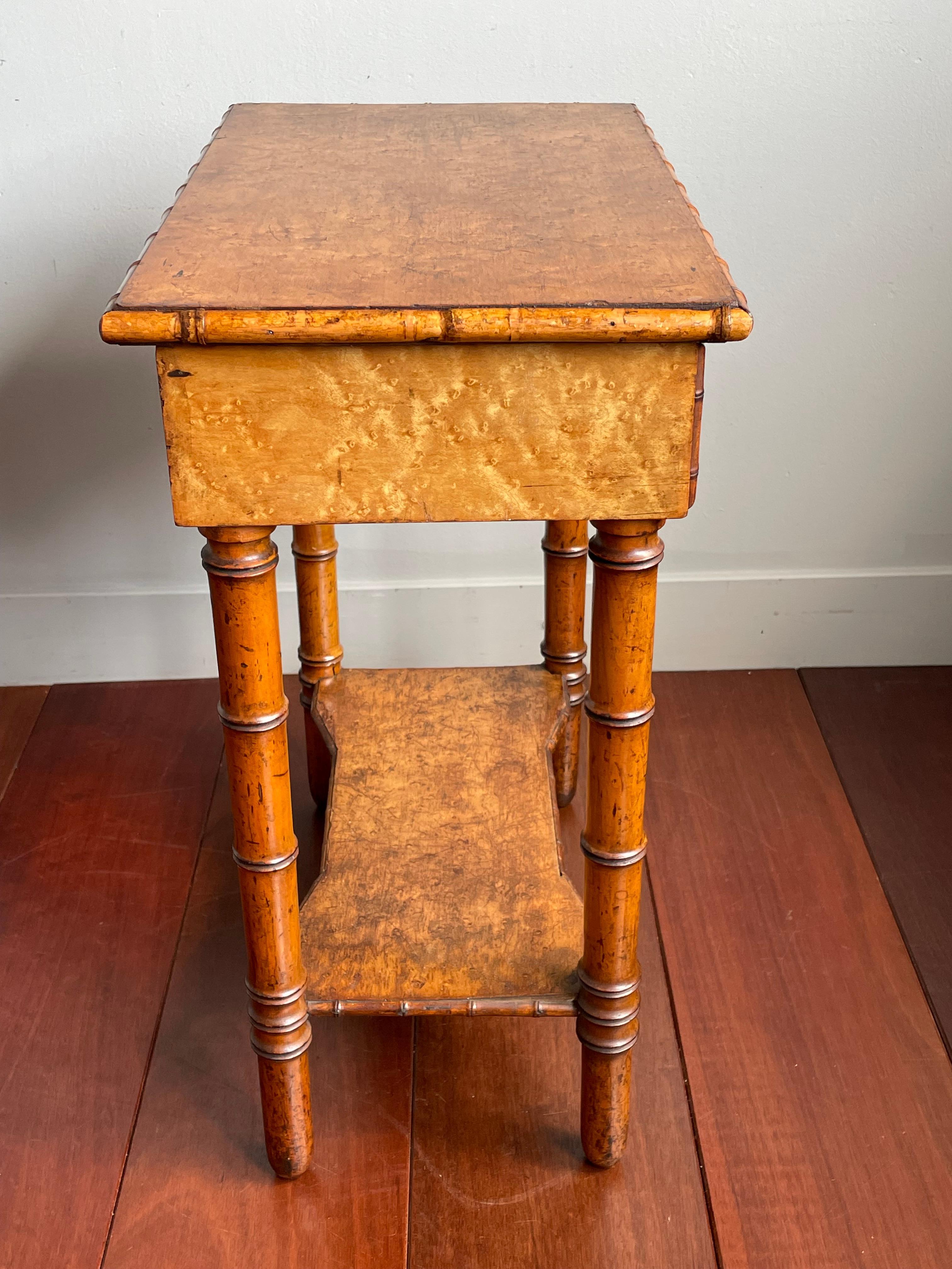 Antique 19th Century Faux Bamboo & Bird's Eye Maple Seamstress or Jewelry Table For Sale 7