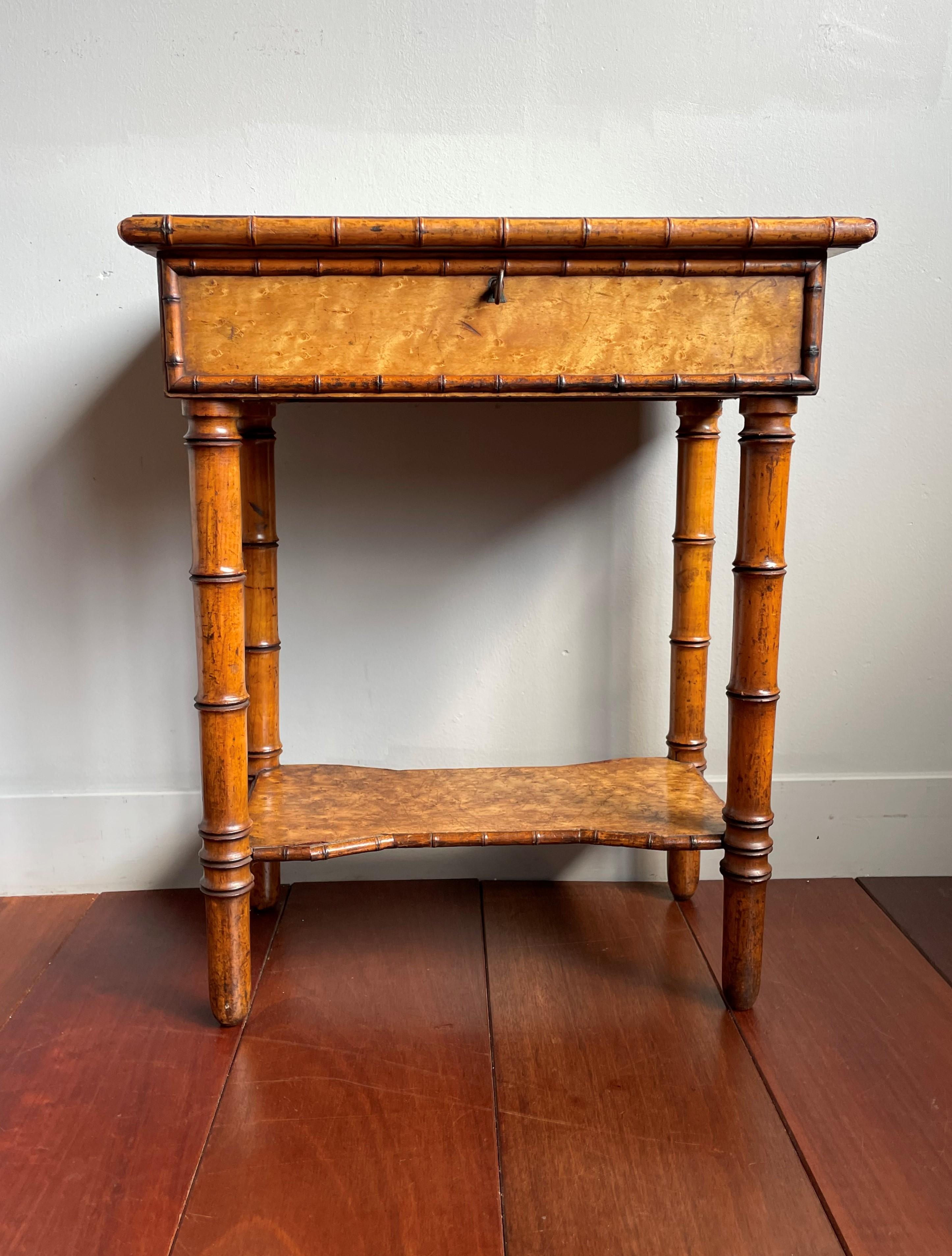 Antique 19th Century Faux Bamboo & Bird's Eye Maple Seamstress or Jewelry Table For Sale 9