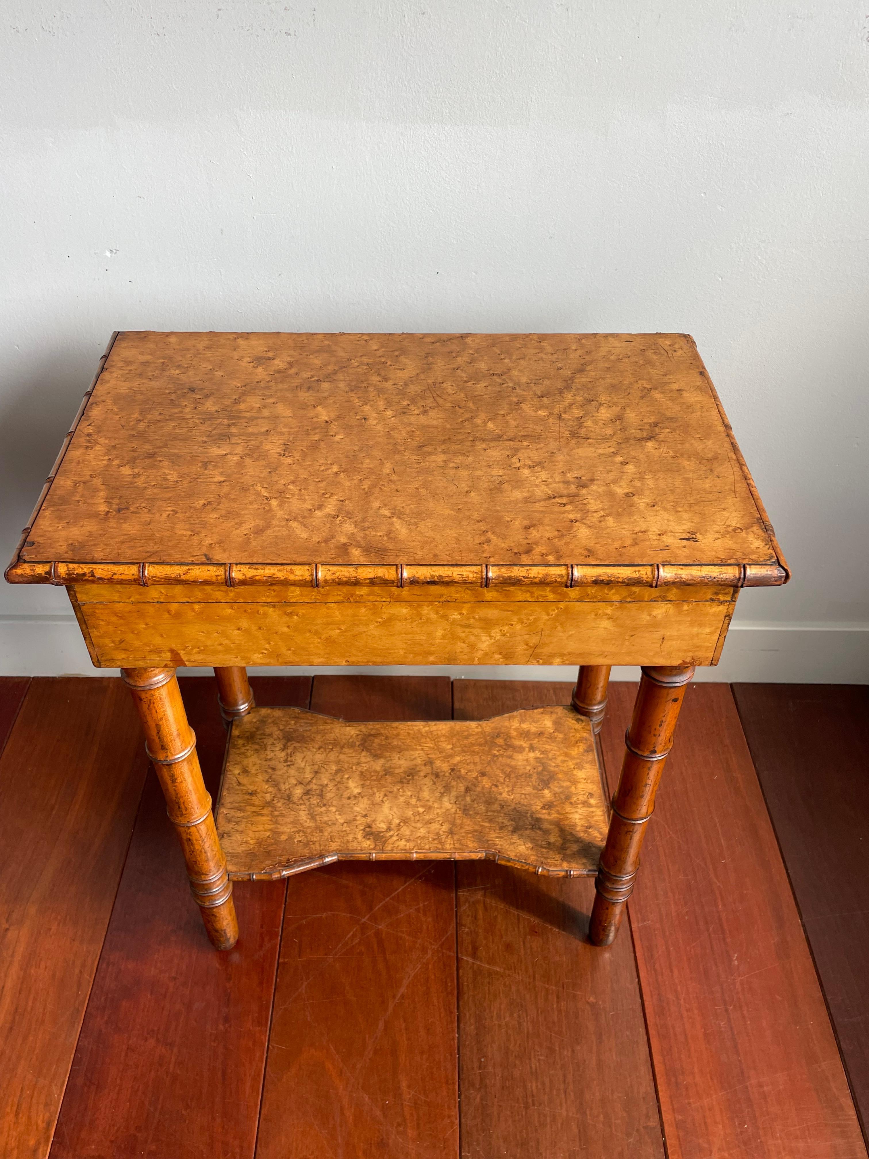Victorian Antique 19th Century Faux Bamboo & Bird's Eye Maple Seamstress or Jewelry Table For Sale