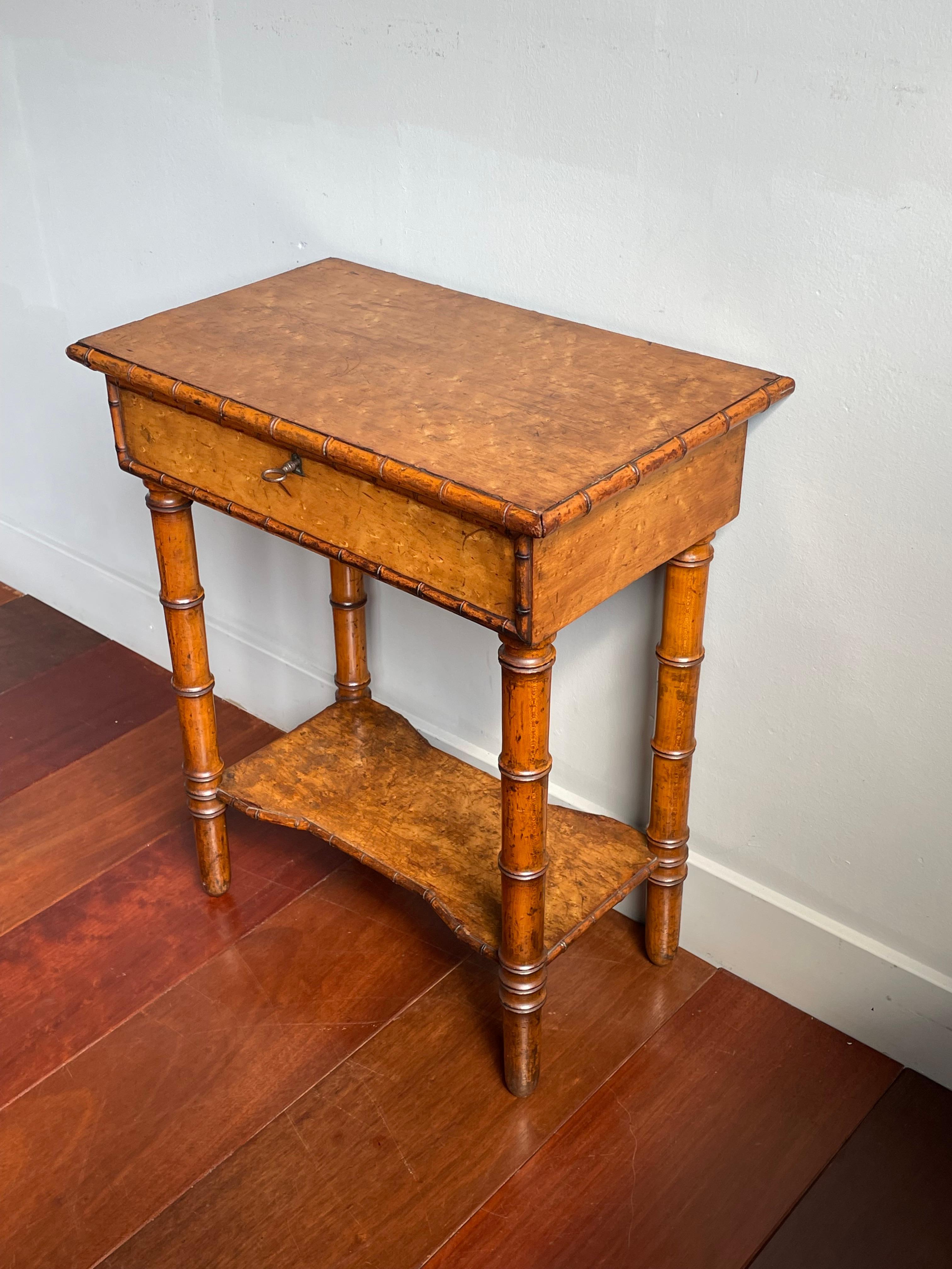 European Antique 19th Century Faux Bamboo & Bird's Eye Maple Seamstress or Jewelry Table For Sale