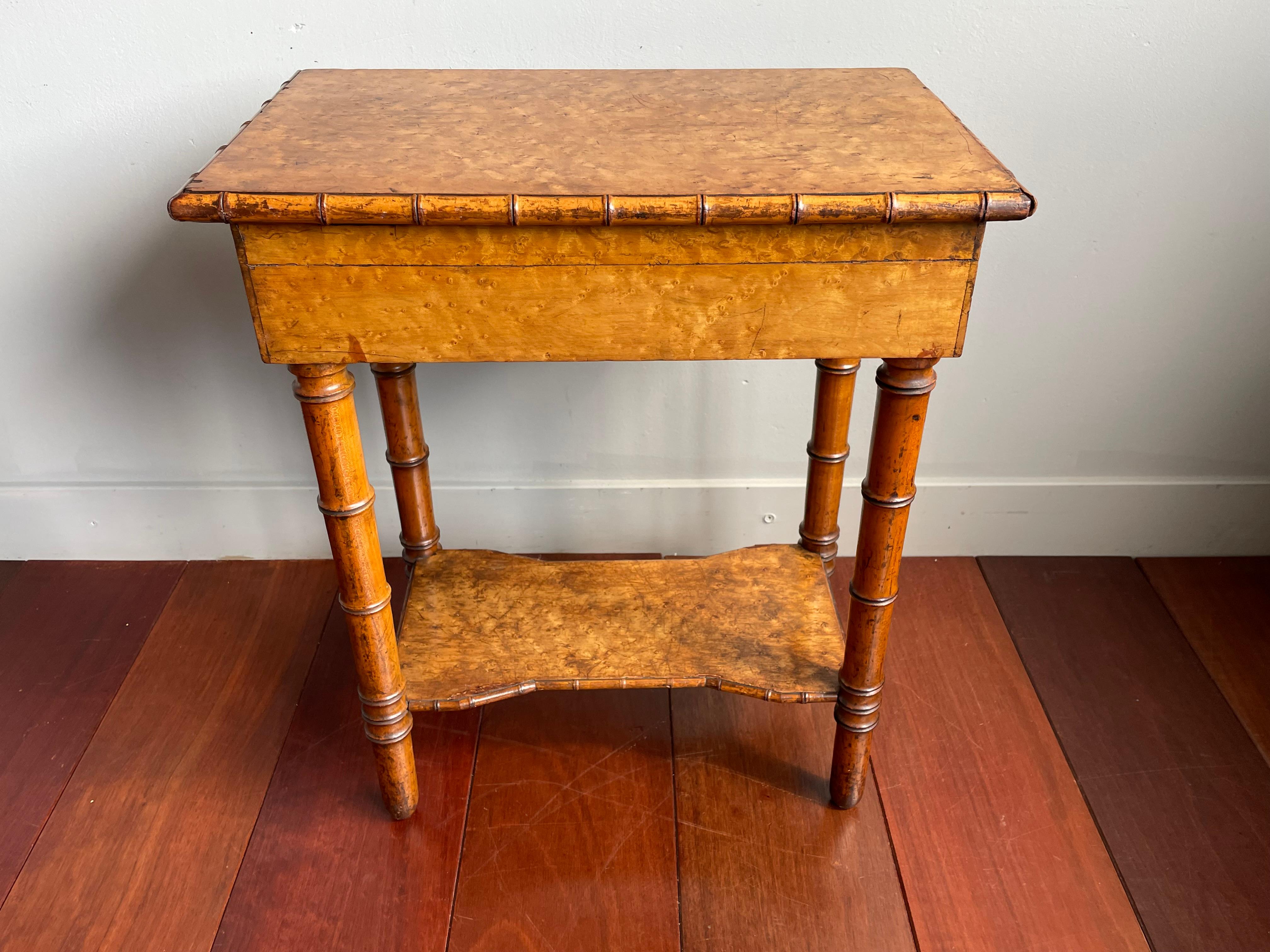 Inlay Antique 19th Century Faux Bamboo & Bird's Eye Maple Seamstress or Jewelry Table For Sale