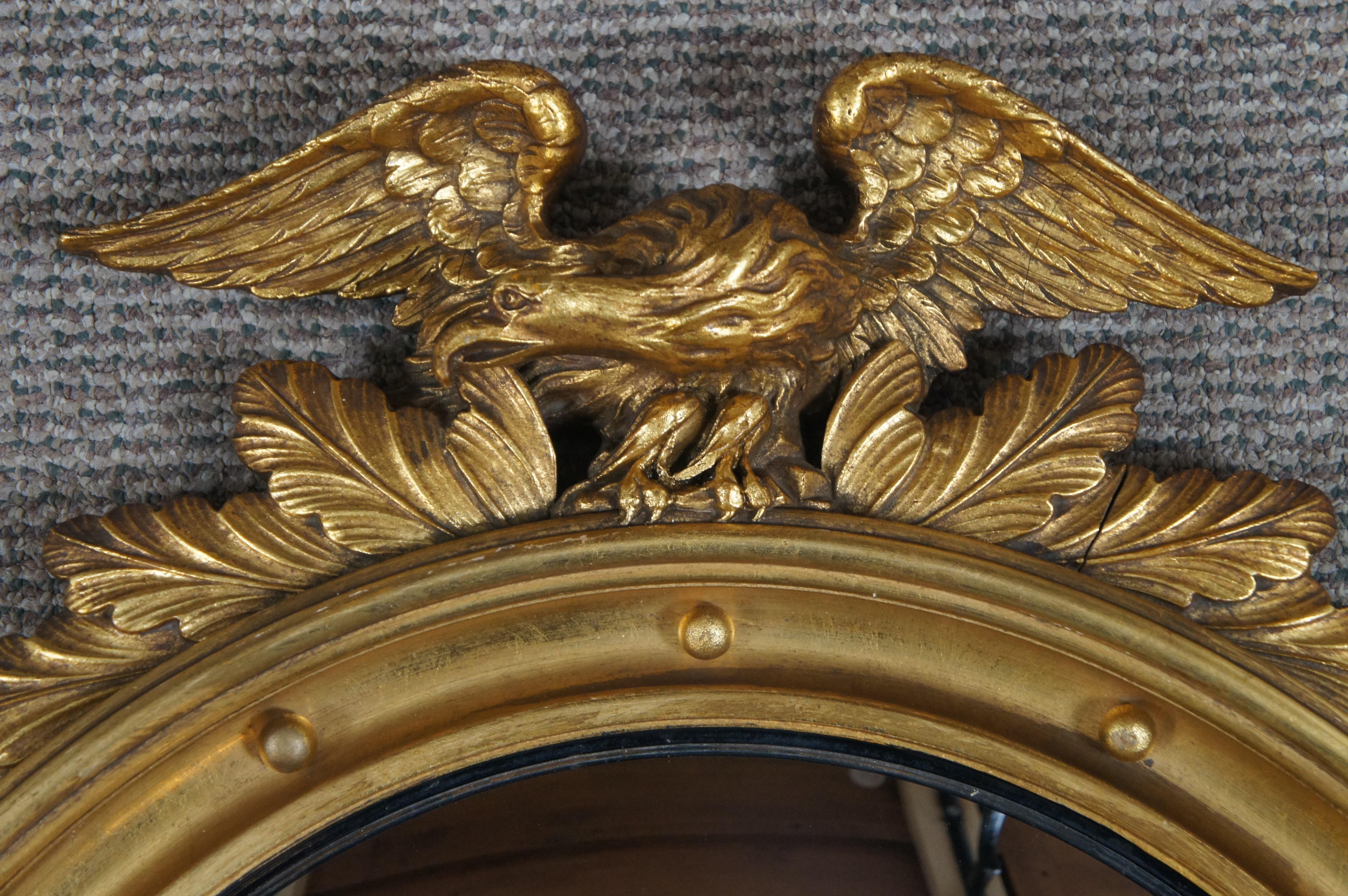 Antique 19th Century Federal Giltwood Convex Bullseye Eagle Acanthus Mirror 31