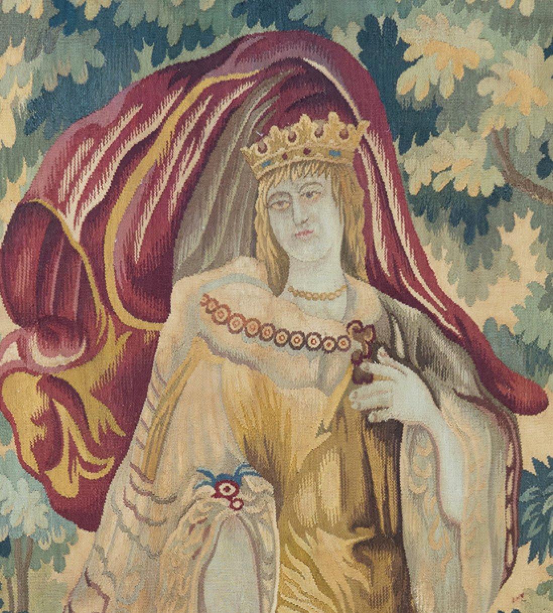 Antique 19th century French Aubusson tapestry depicting a lovely royal woman/ royalty/ queen surrounded by verdant grounds. It measures 4 x 6.5 ft.

Provenance:
Purchased from Doyle Auction House, New York, NY in January 1993.





 