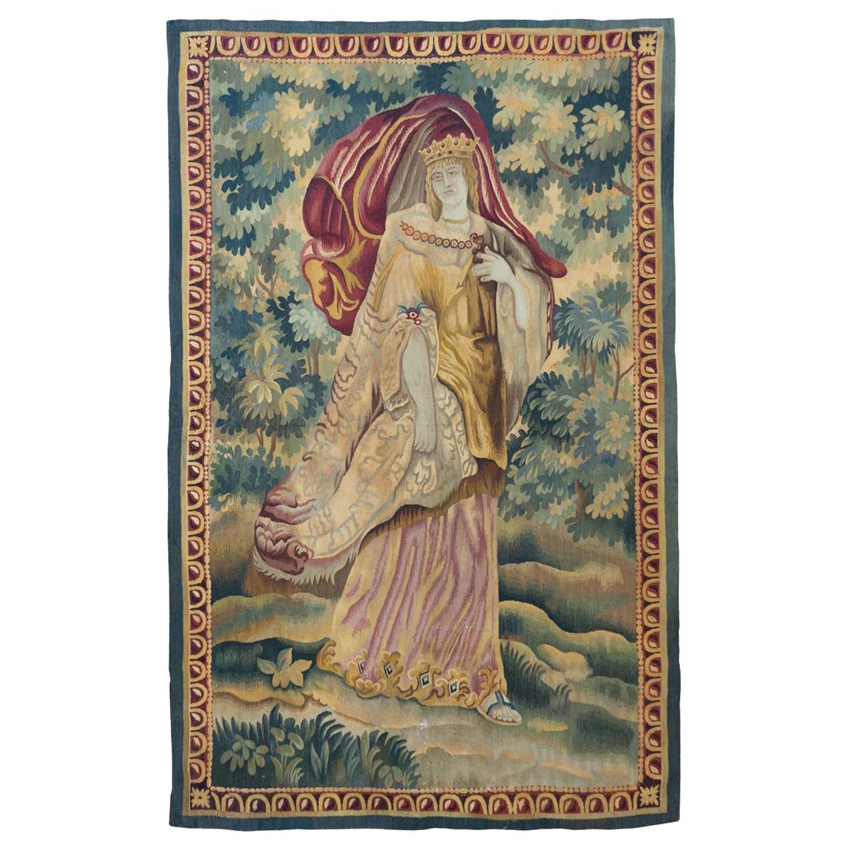 Antique 19th Century Figurative French Aubusson Tapestry with Royalty Queen For Sale