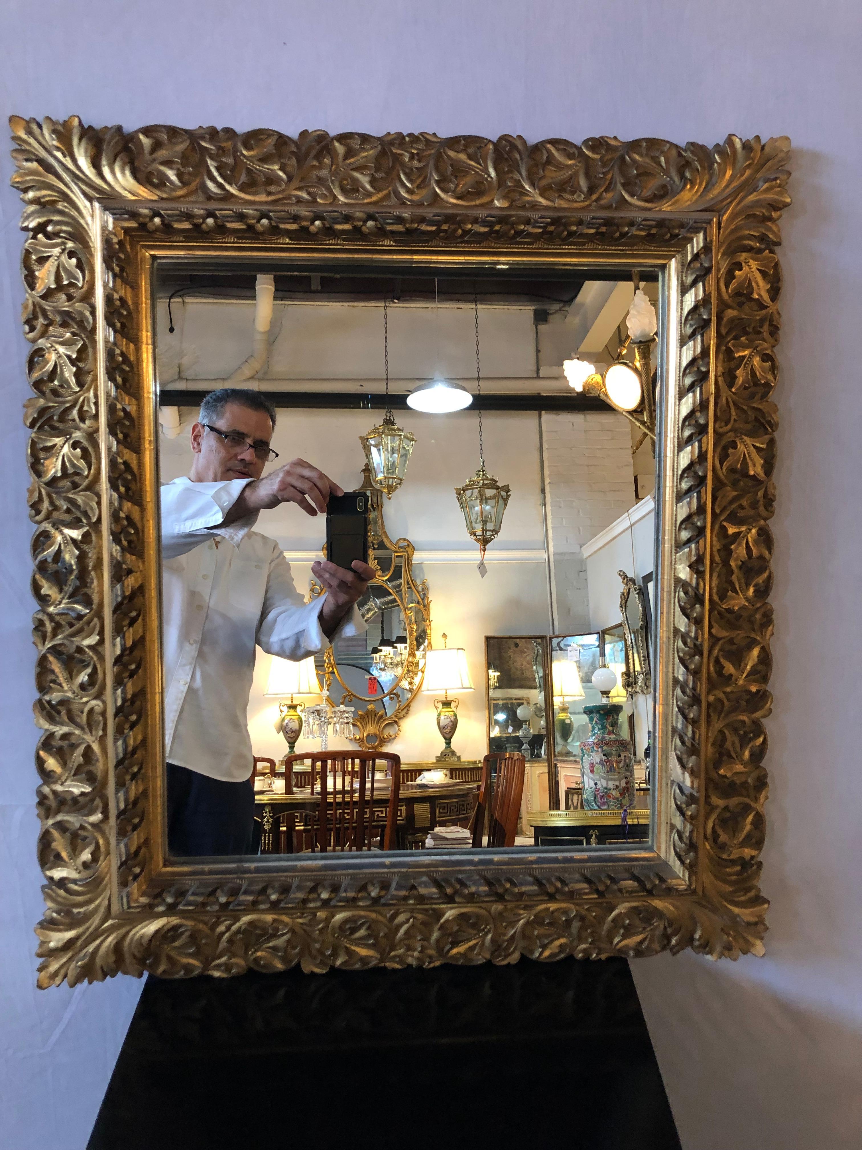 Baroque Antique 19th Century Fine Giltwood Mirror with Leaf Vine and Floral Carvings For Sale