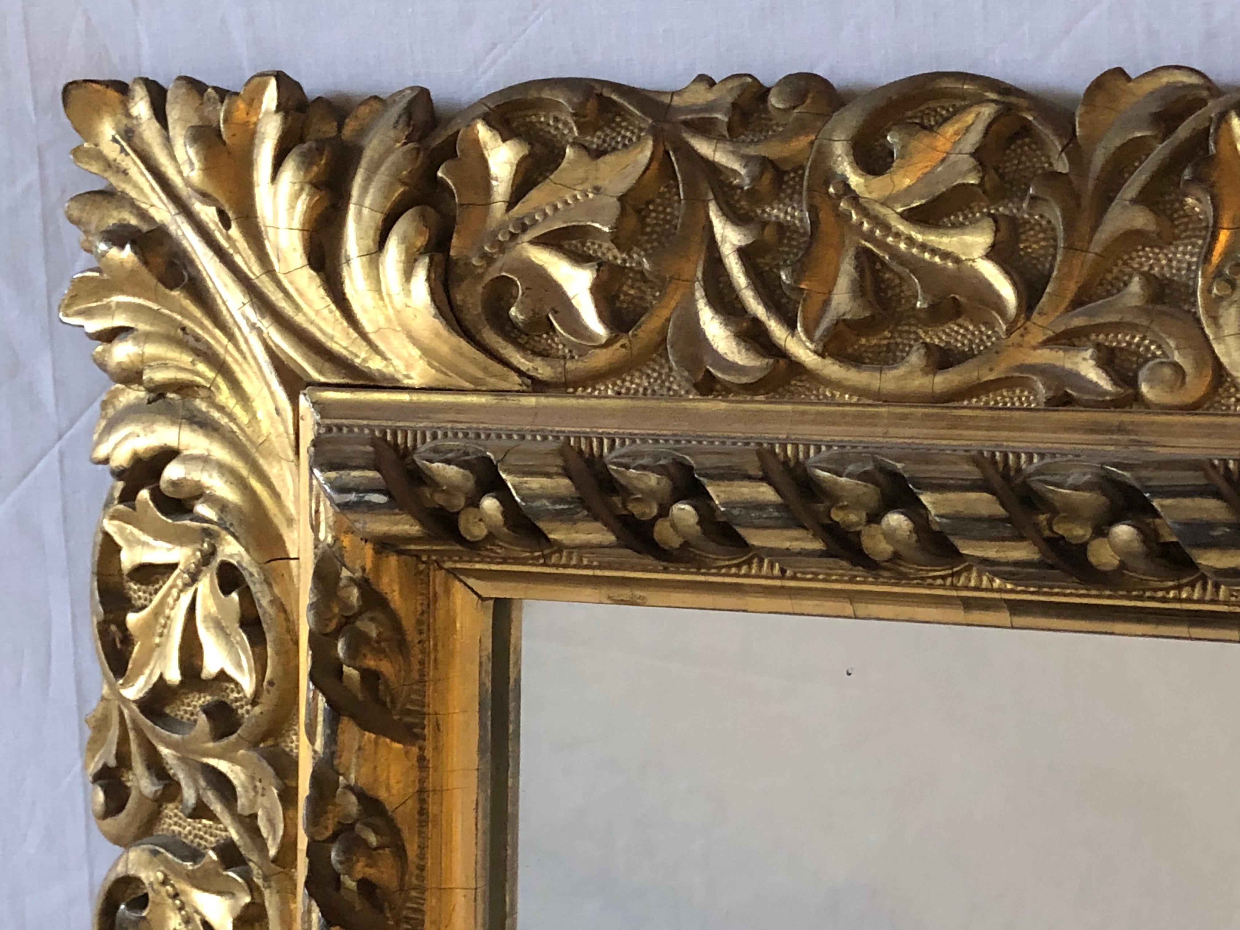 French Antique 19th Century Fine Giltwood Mirror with Leaf Vine and Floral Carvings For Sale