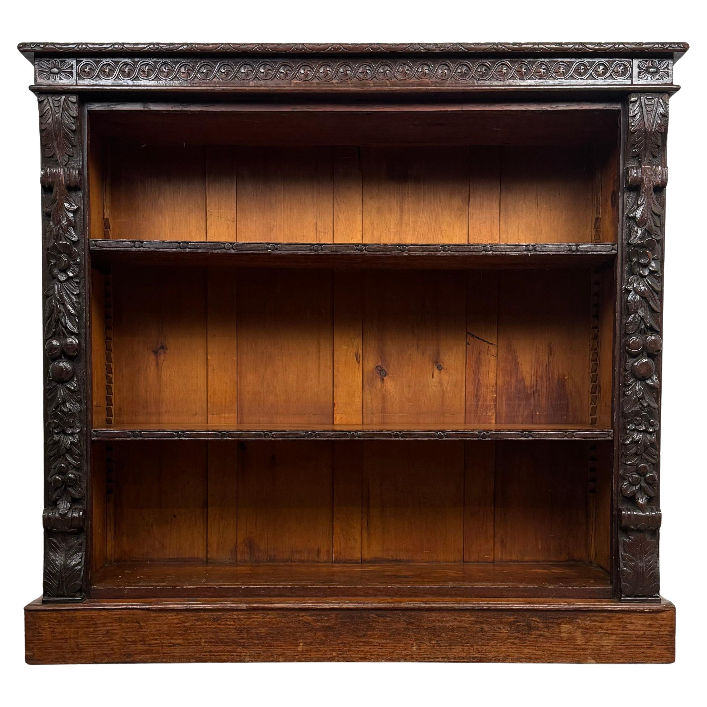 Antique 19th Century Fine Quality Carved Open Bookcase In Oak ( REF AF-3652 )