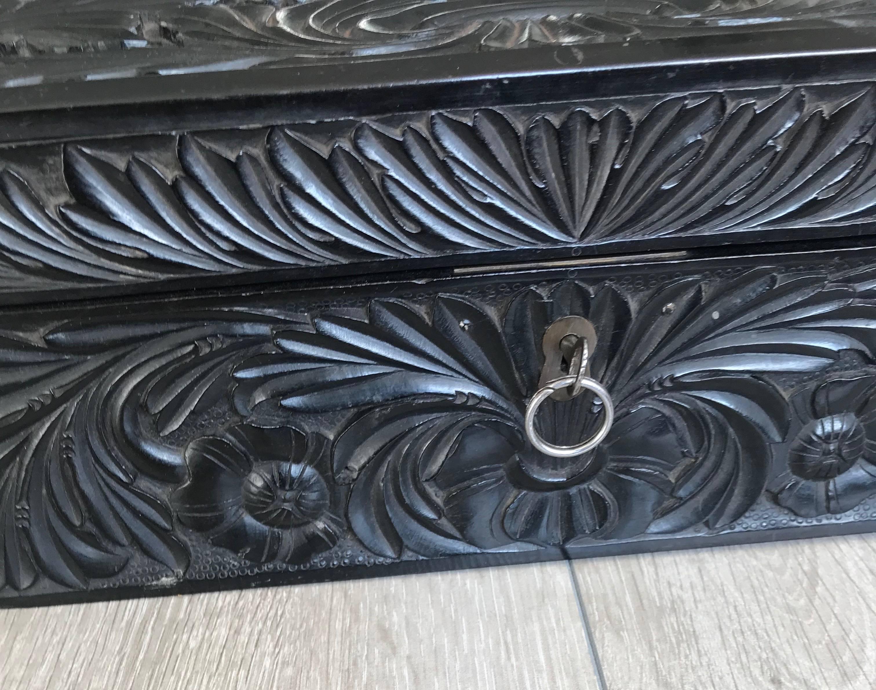 Anglo-Indian Antique 19th Century Fine Quality Carved Scrolling Ceylon Hardwood Box or Casket