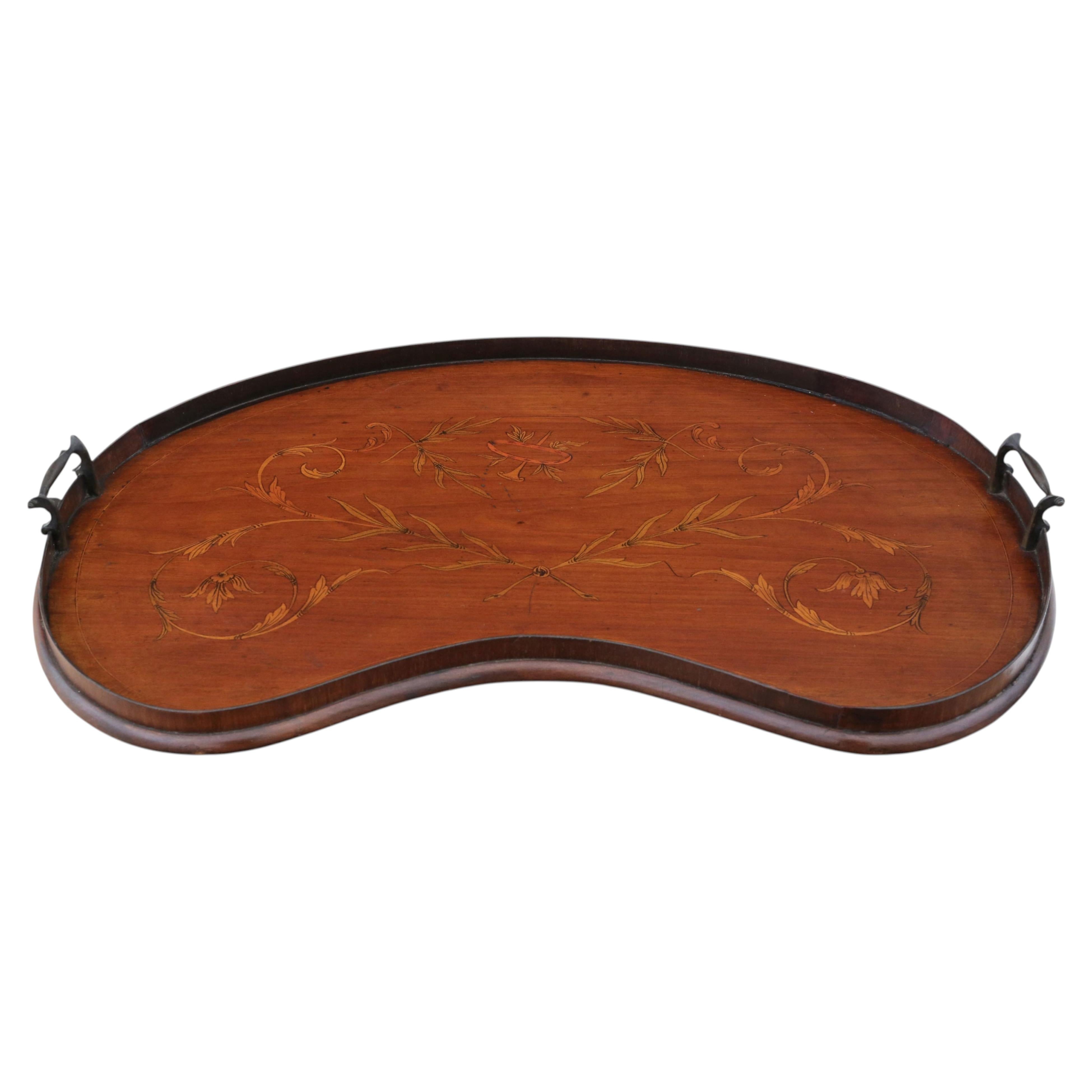 Antique 19th Century Fine Quality Inlaid Mahogany Kidney-Shaped Serving Tray For Sale