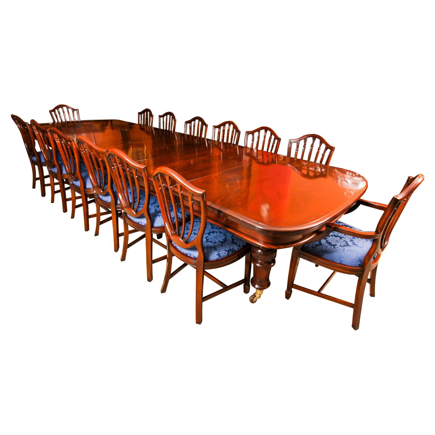 Antique 19th Century Flame Mahogany Extending Dining Table & 14 Chairs