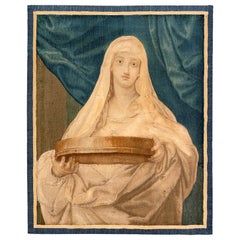 Antique 19th Century Flemish Religious Tapestry with Female Figure Offering Alms