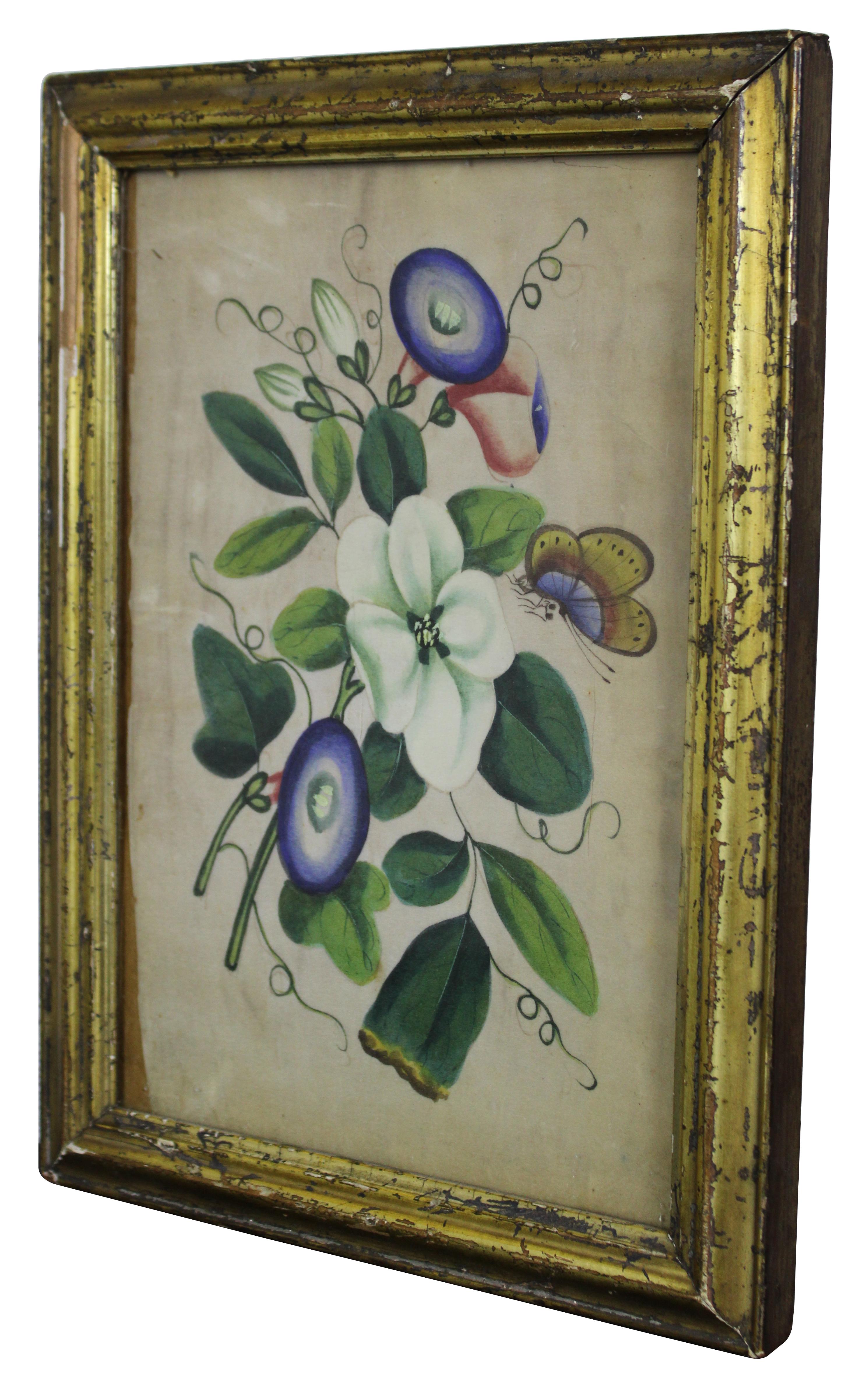 Antique floral watercolor on paper showing a bunch of flowers and a butterfly.

Measures: 8.5” x 1” x 11.5” / Sans frame - 6.5” x 9.5” (width x depth x height).
    