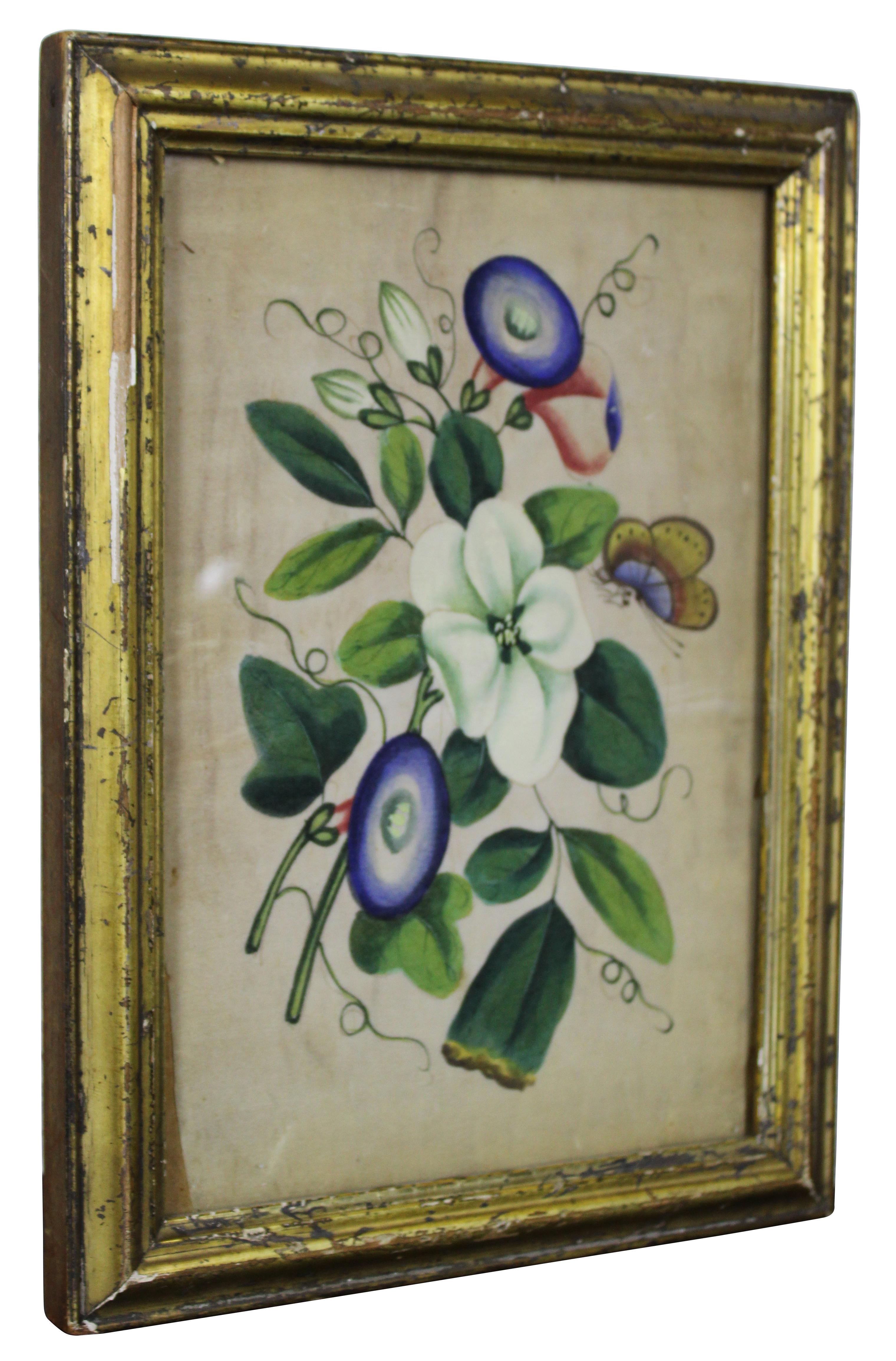 Folk Art Antique 19th Century Floral Botanical Butterfly Watercolor Painting on Paper