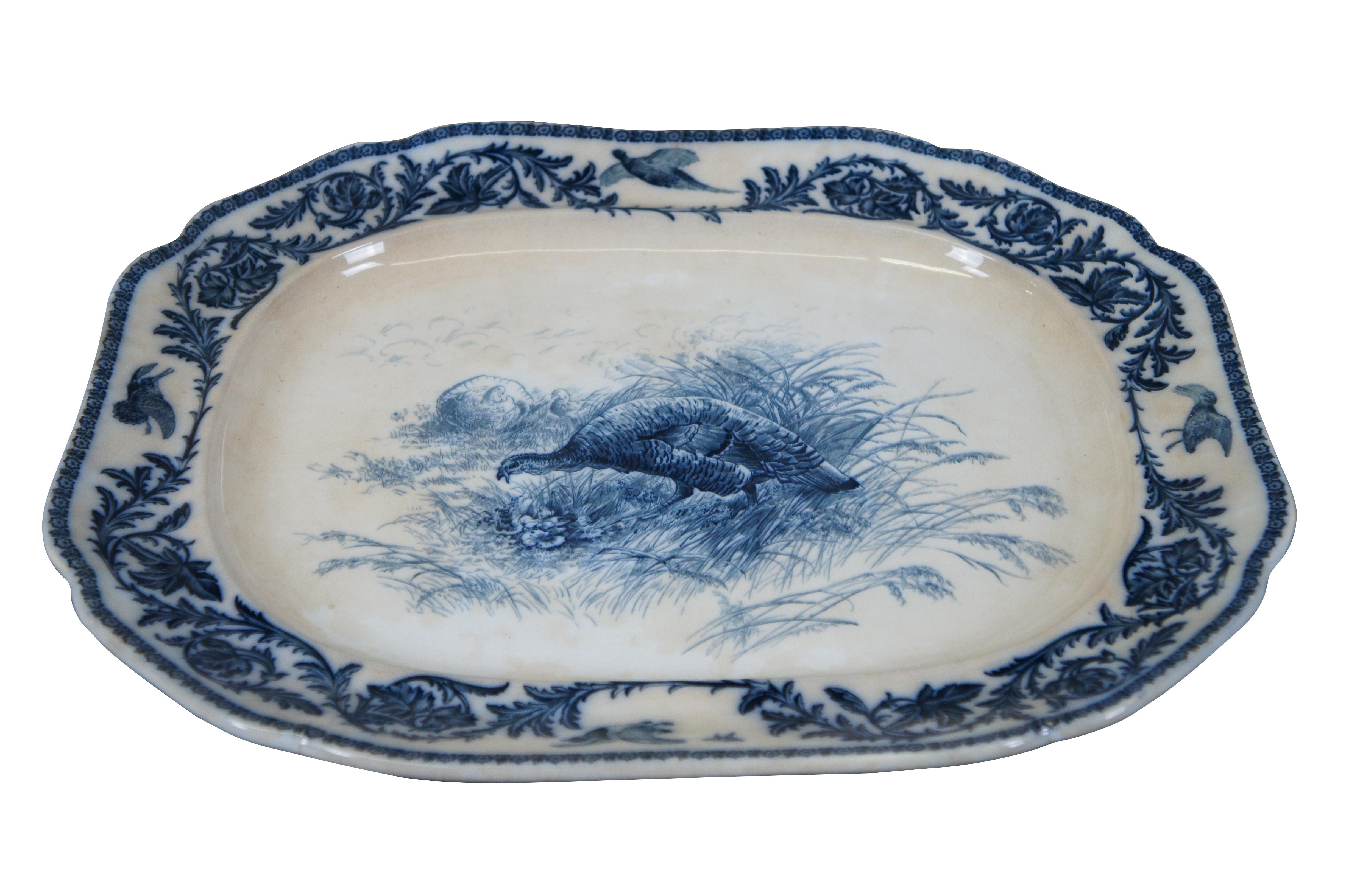 Victorien Antique plat de service à charcuterie bleu du 19ème siècle Cauldon Angleterre 24 po. en vente