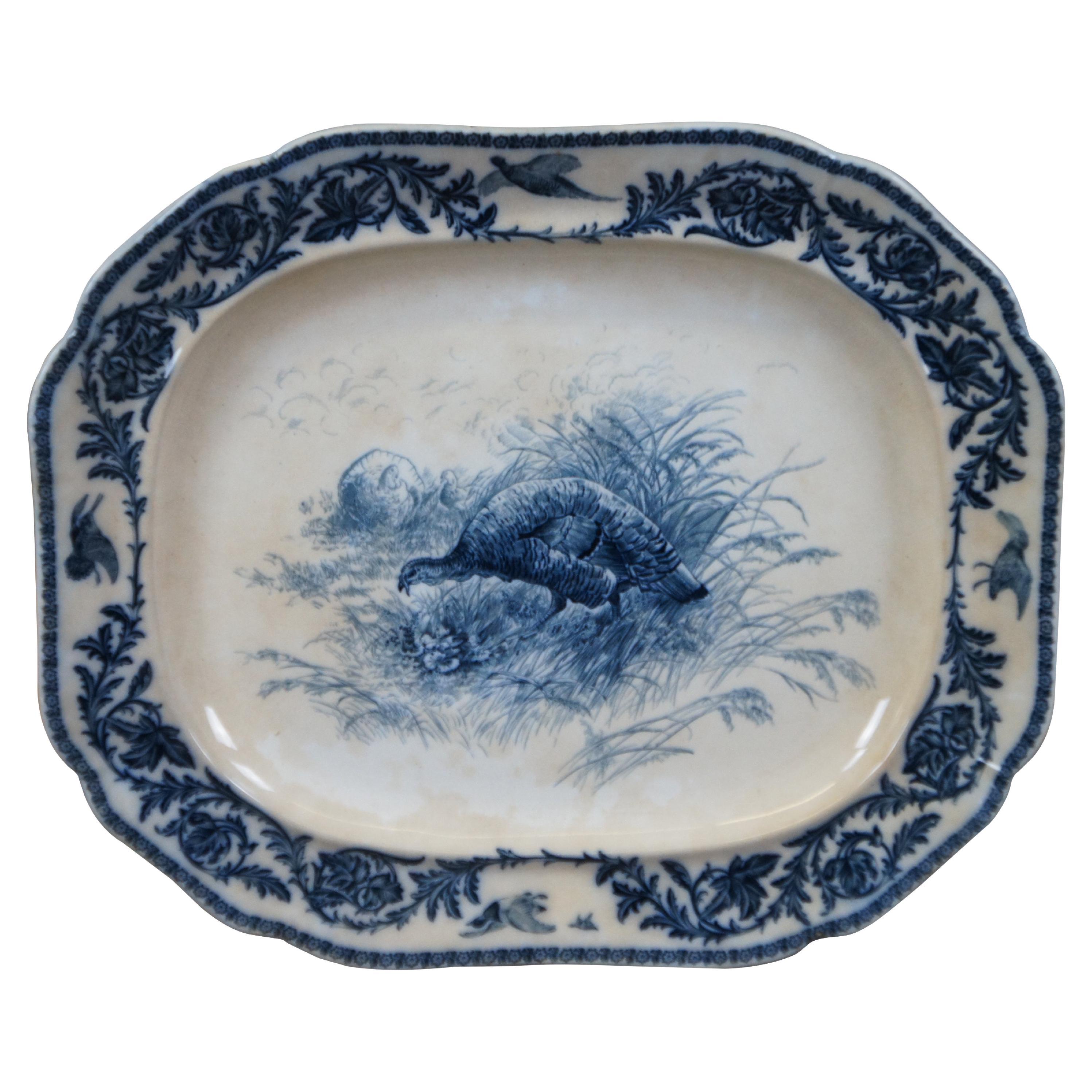 Antiguo Siglo XIX Flujo Azul Pavo Plato para servir carne Cauldon Inglaterra 24"