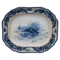 Antique plat de service à charcuterie bleu du 19ème siècle Cauldon Angleterre 24 po.