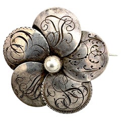 Antique Early 19th Century Flower Sentimental Brooch Engraved Initials Silver