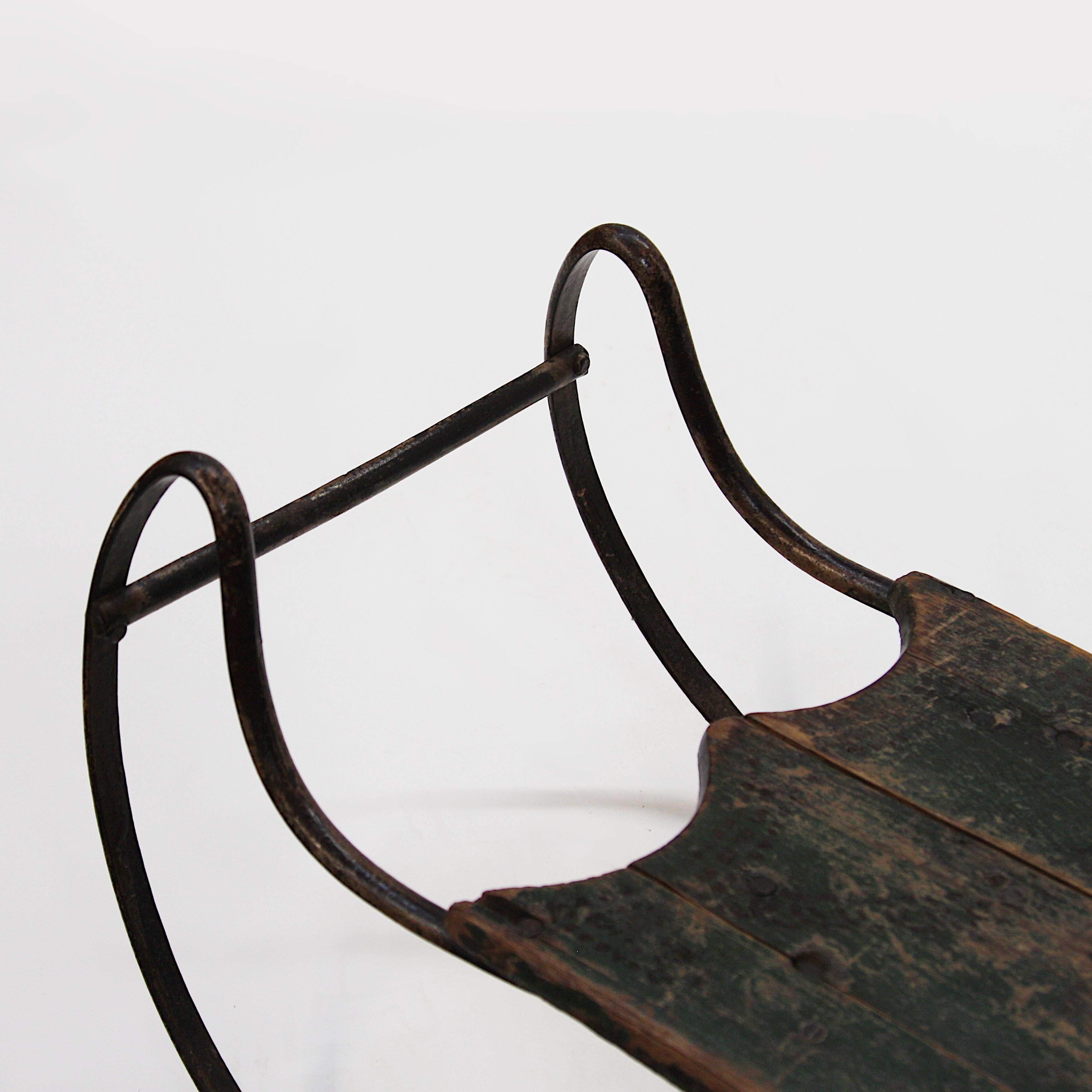 American Antique 19th Century Forged Iron Runner & Painted Wood Child Size Sled For Sale