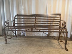 Antique 19th Century Forged Strap Iron Garden Bench with Aged Patina