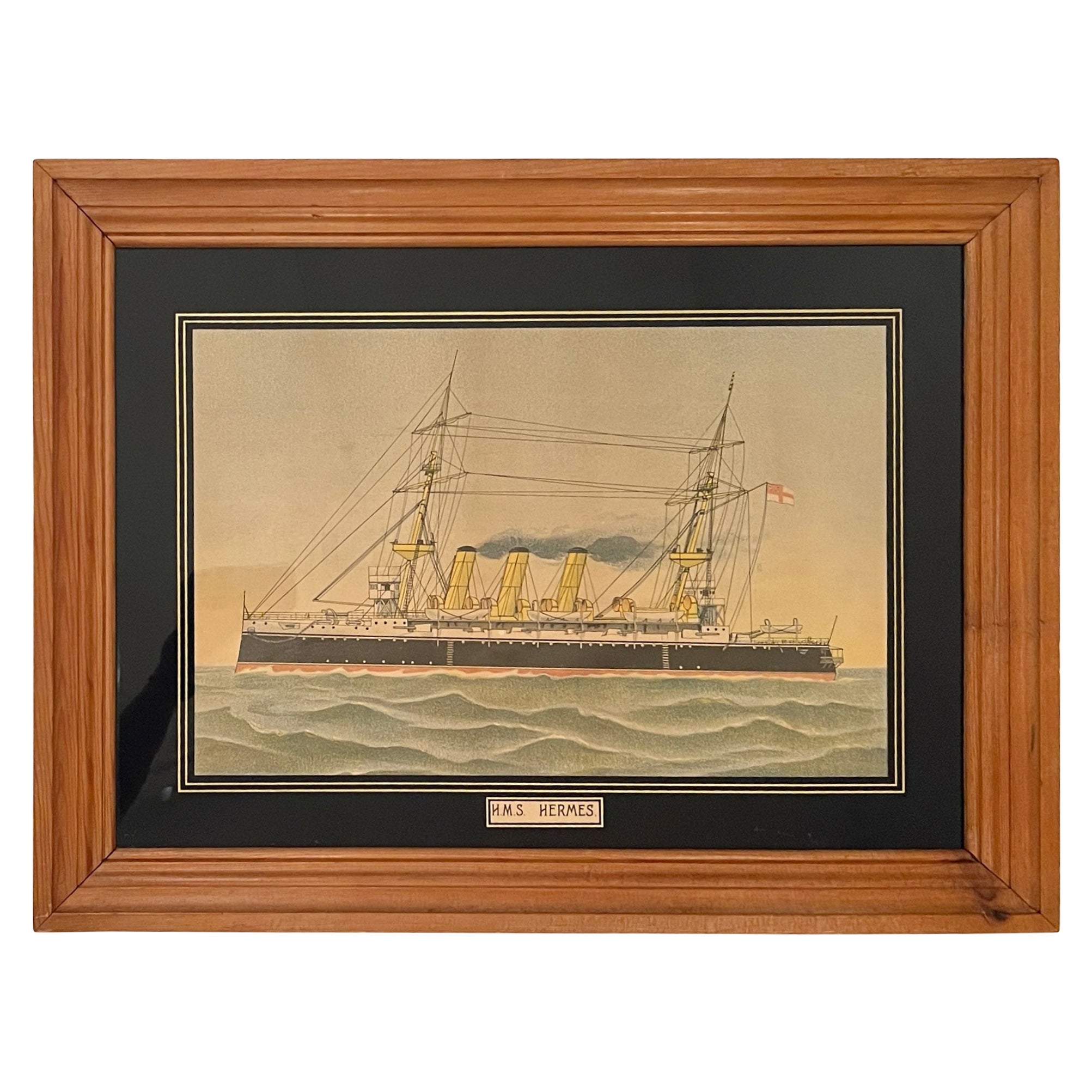Antike gerahmte Chromolithographie des 19. Jahrhunderts, "H.M.S. Hermes". im Angebot