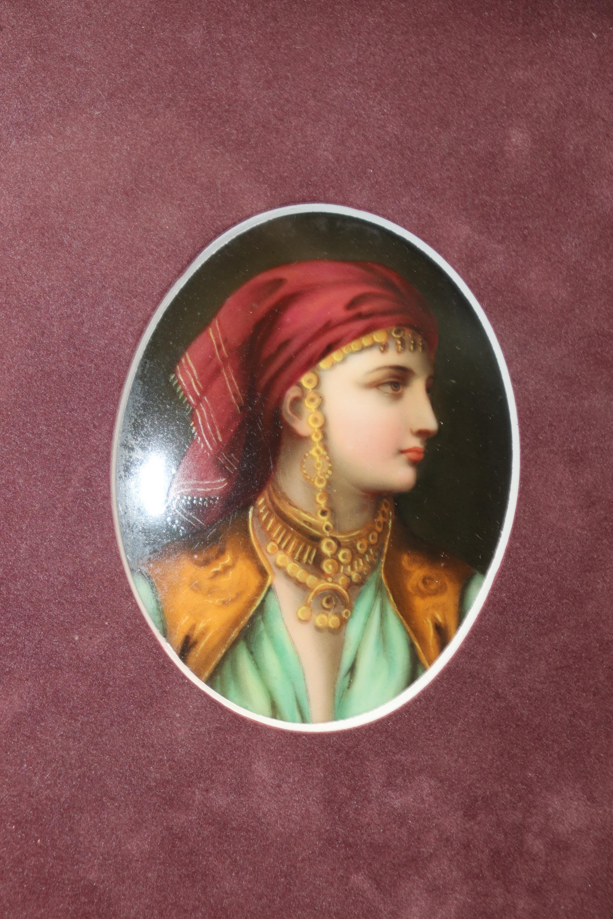 Hand-Crafted Antique 19th Century Framed German Hand Painted Porcelain Plaque of a Gypsey For Sale