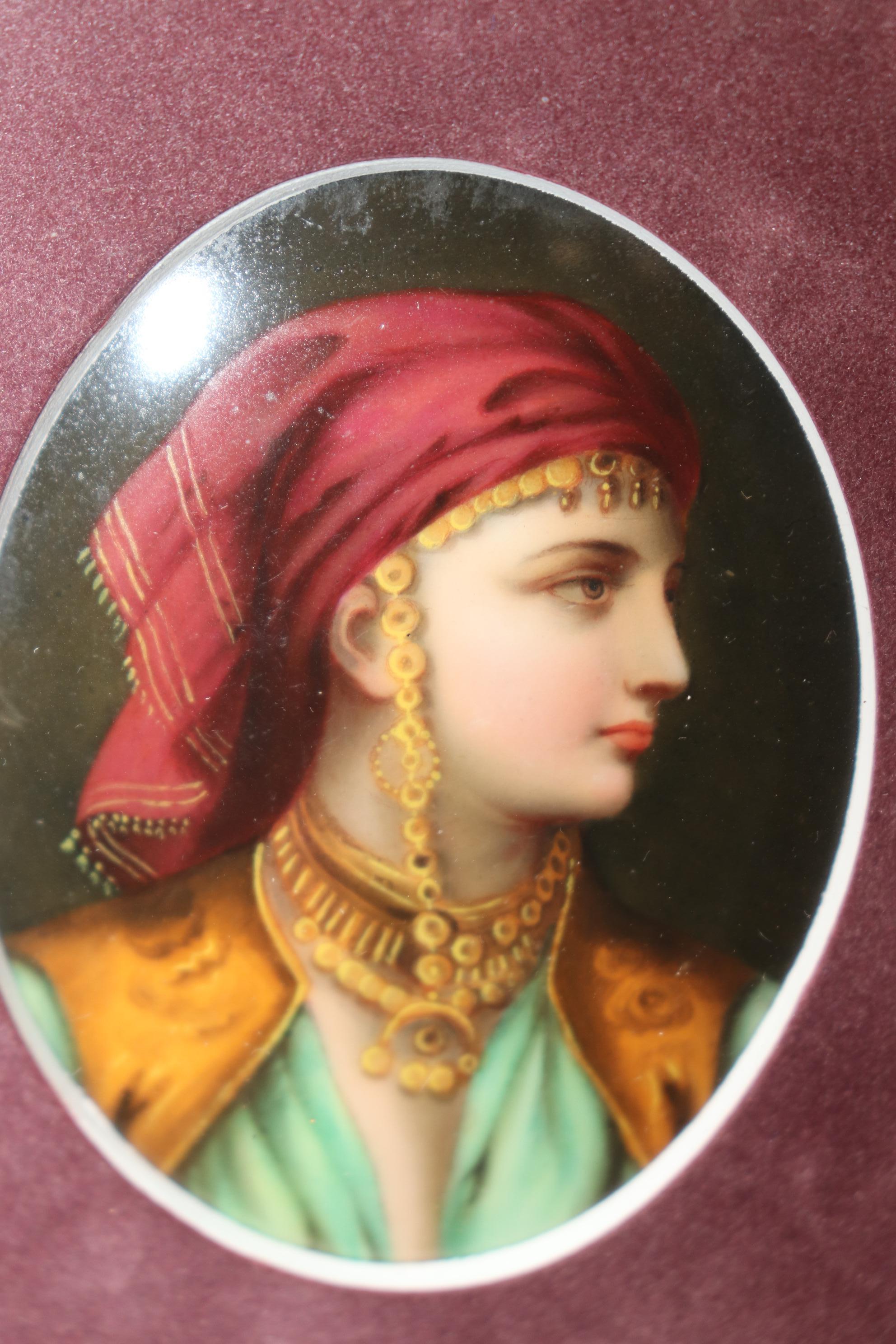 Antique 19th Century Framed German Hand Painted Porcelain Plaque of a Gypsey For Sale 1