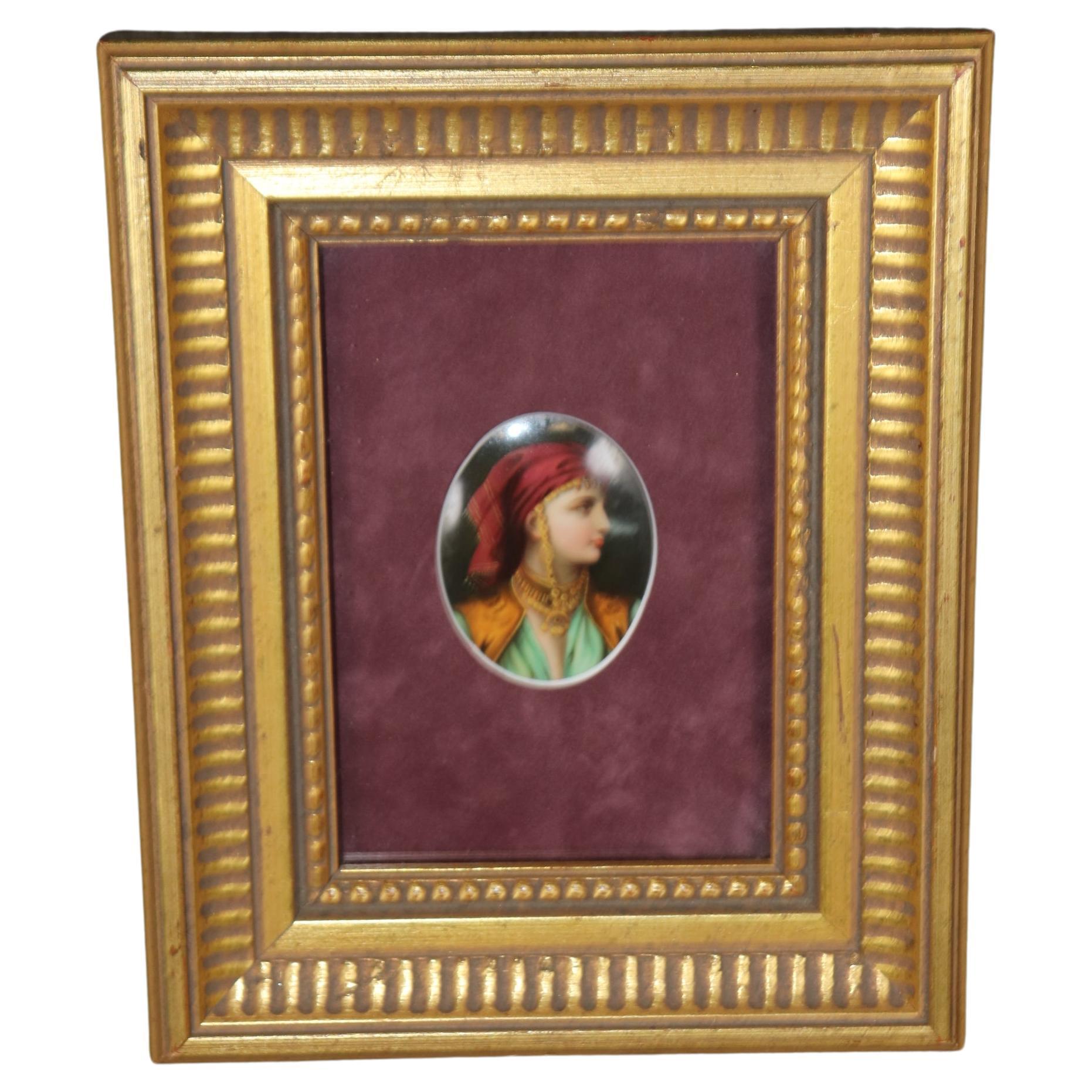 Antique 19th Century Framed German Hand Painted Porcelain Plaque of a Gypsey For Sale