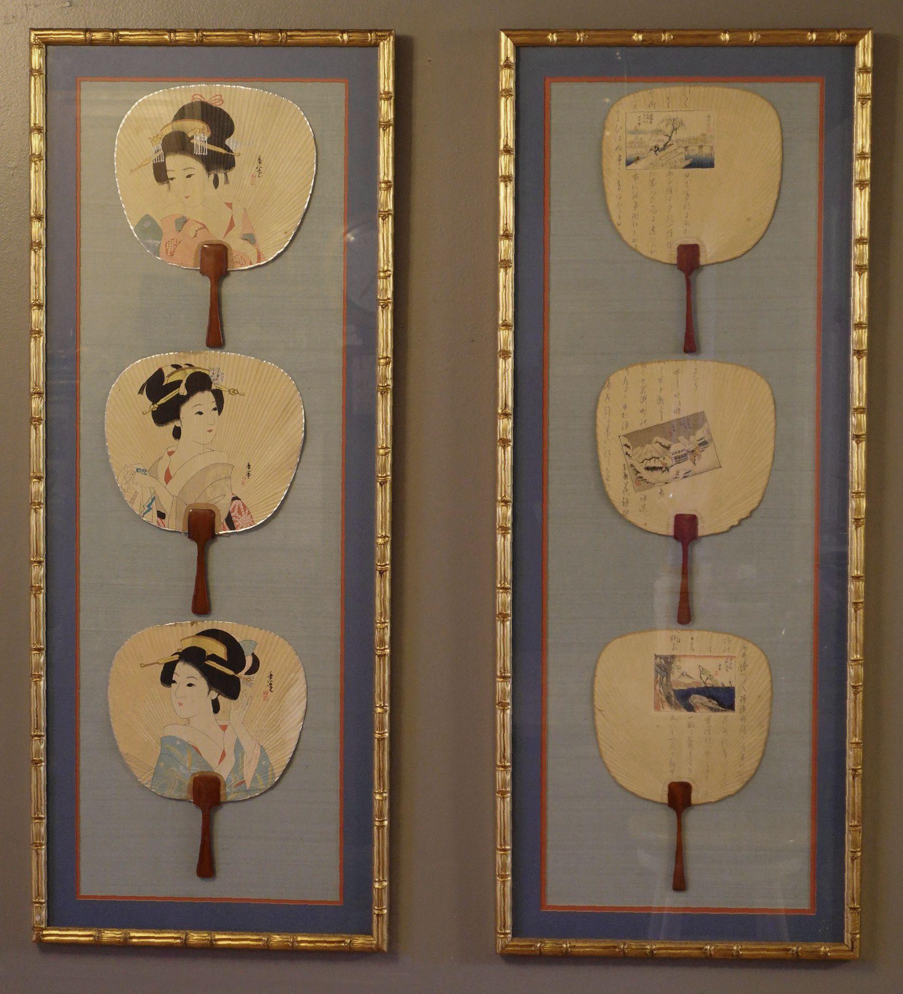 Antique 19th century Framed Japanese Silk Fans comprising two attractively framed Japanese silk fans, one group with 3 Geishas, the other scenic with 3 inscriptions with 3 paintings of Utagawa Hiroshige, contained in matching glazed gilt frame in