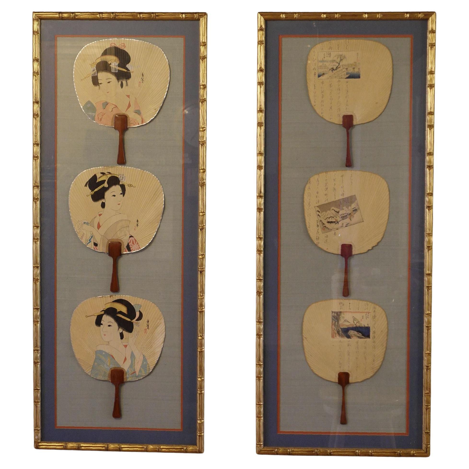 Antique 19th Century Framed Japanese Silk Fans