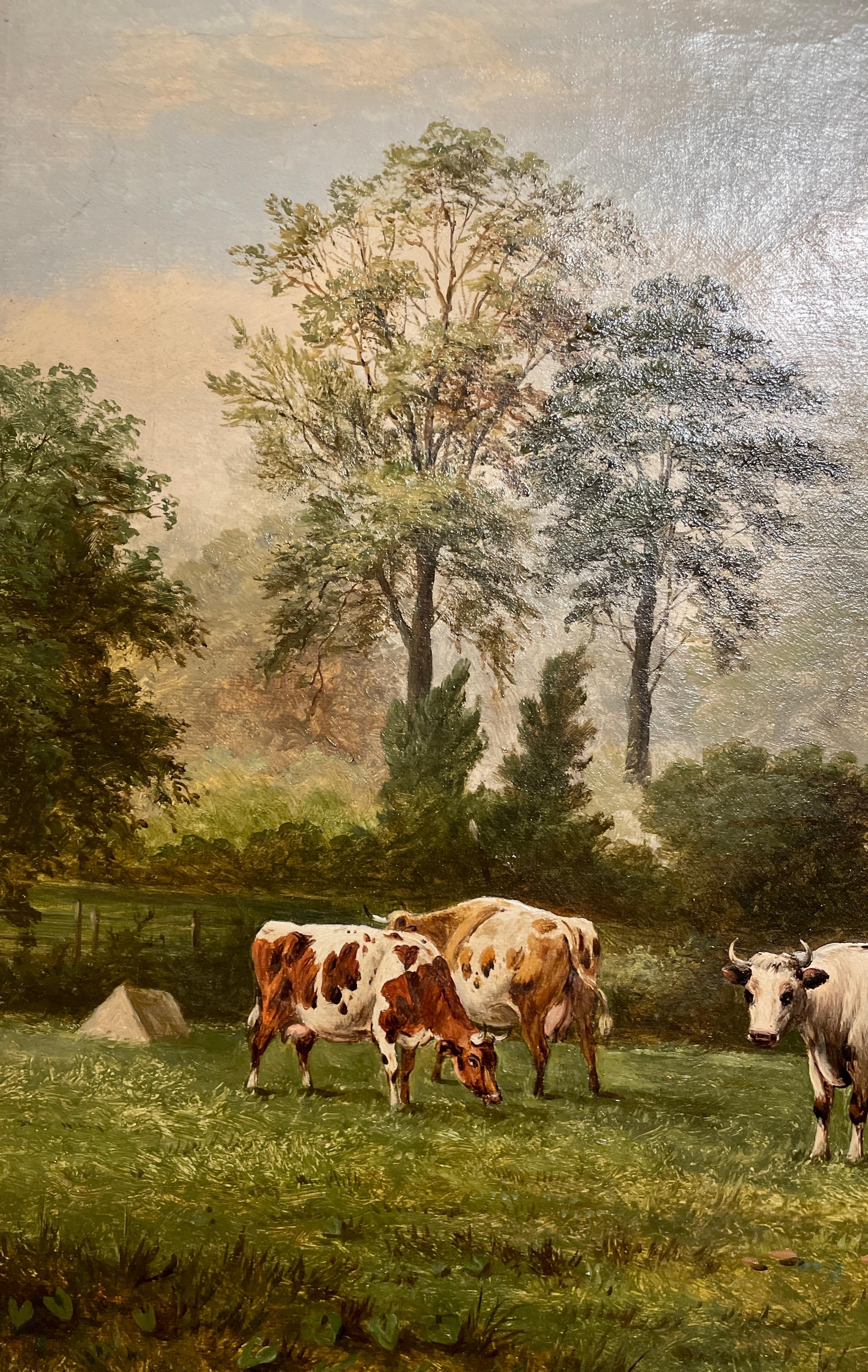Antique 19th Century Framed Oil on Canvas Farm Scene Painting Signed L ...