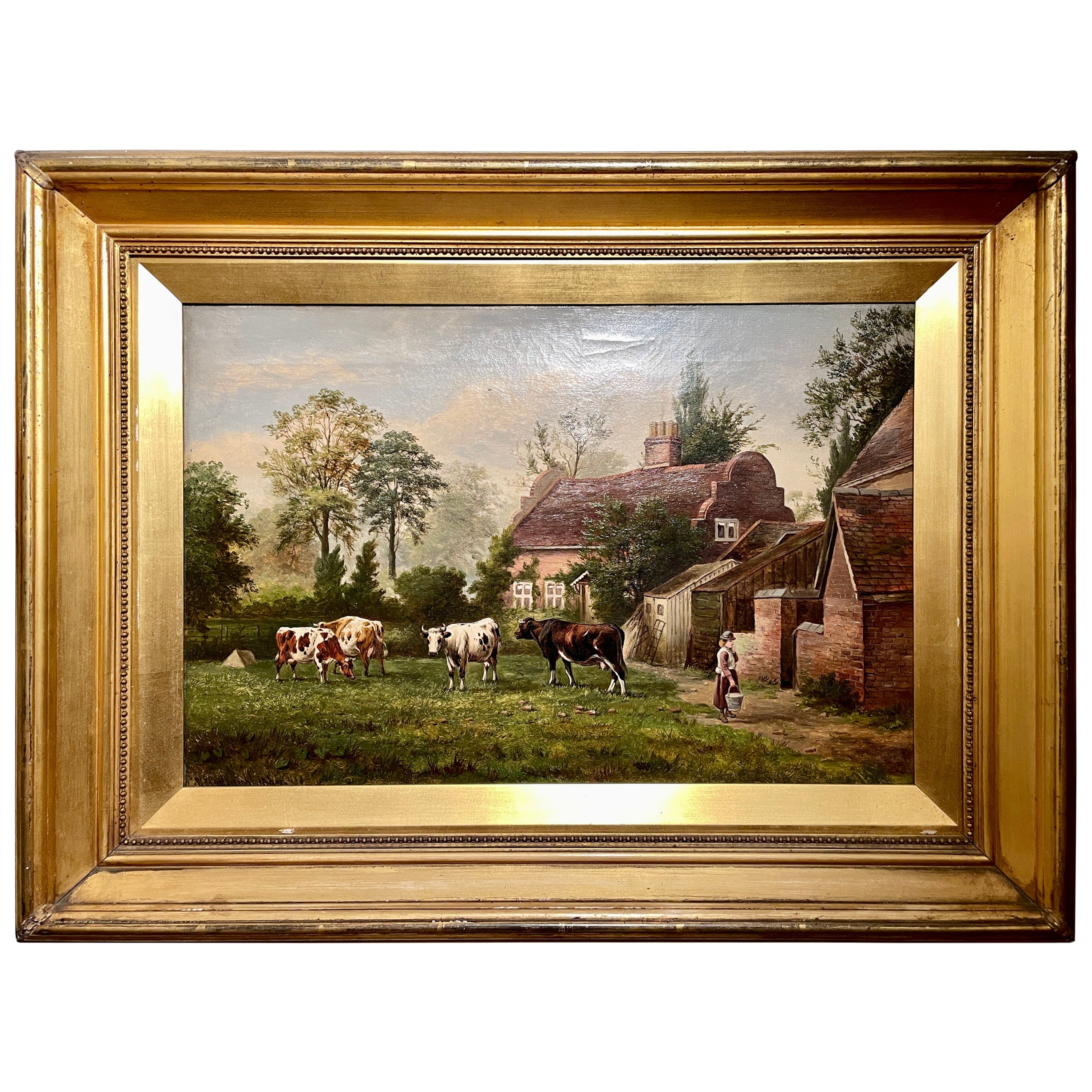 Antique 19th Century Framed Oil on Canvas Farm Scene Painting Signed L.L.