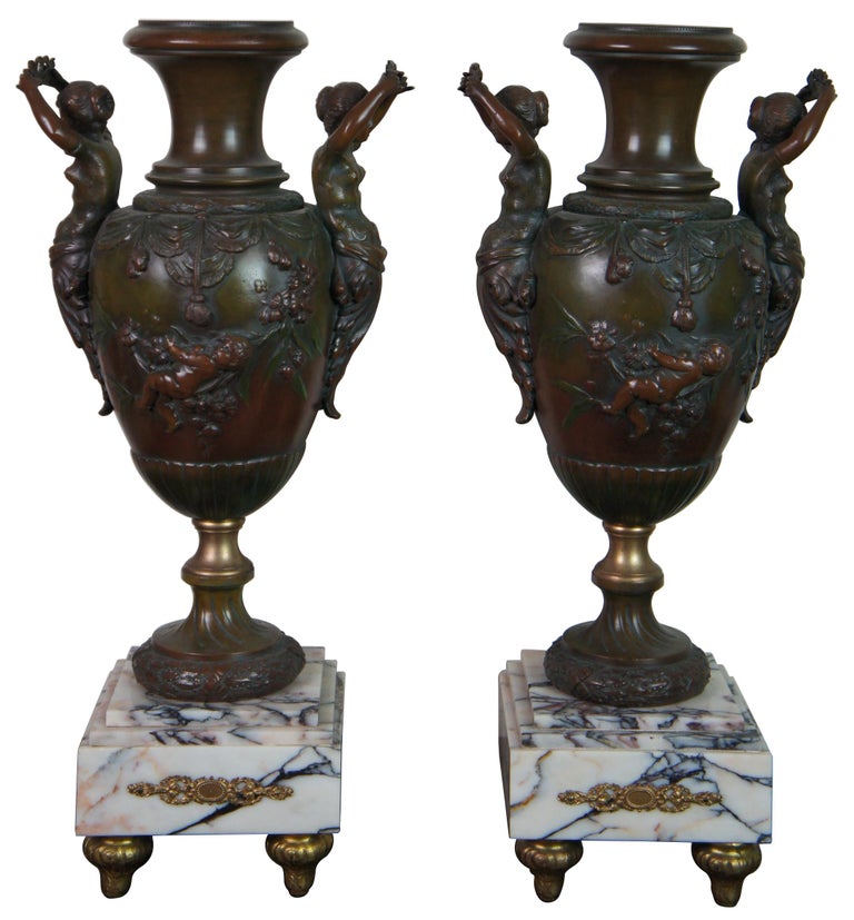 French Provincial Antique 19th Century French AD Mougin Gilt Bronze Mantel Garniture Clock & Urns For Sale