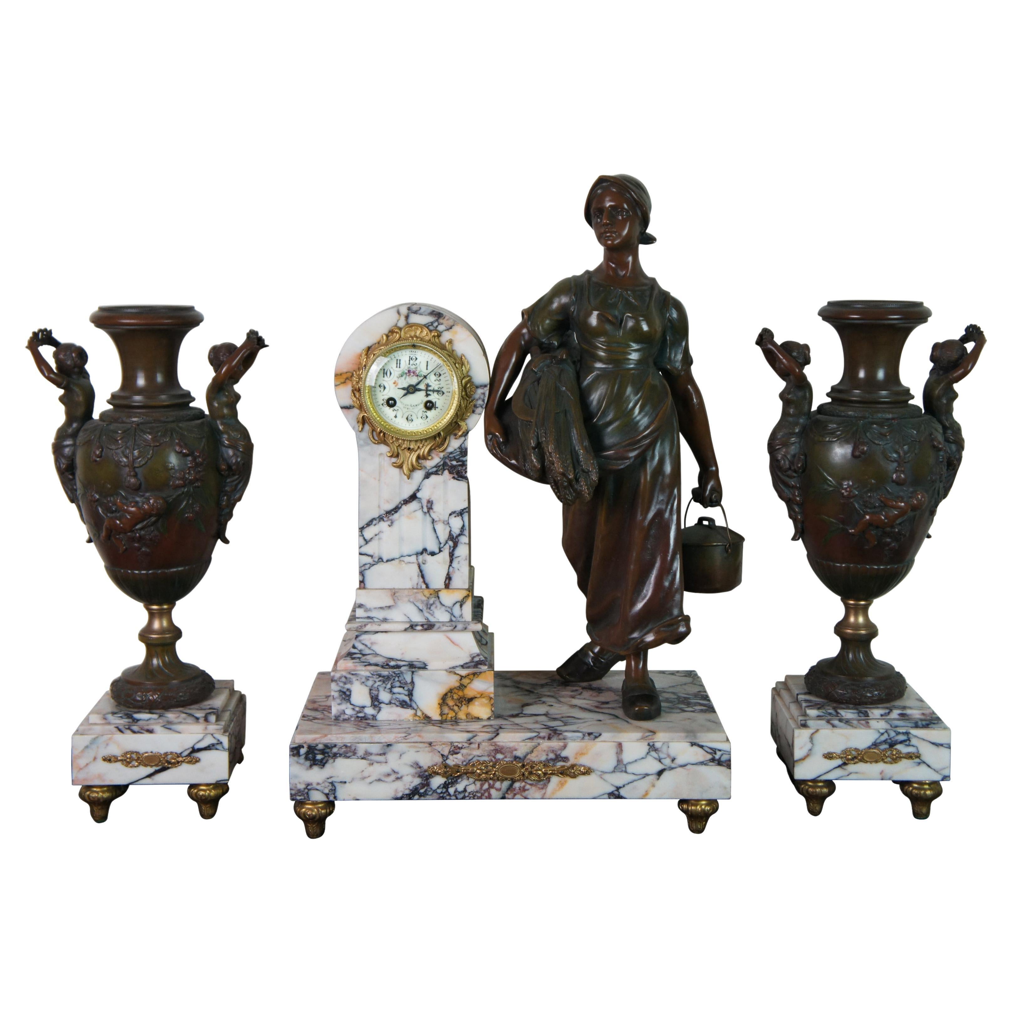 Antique 19th Century French AD Mougin Gilt Bronze Mantel Garniture Clock & Urns